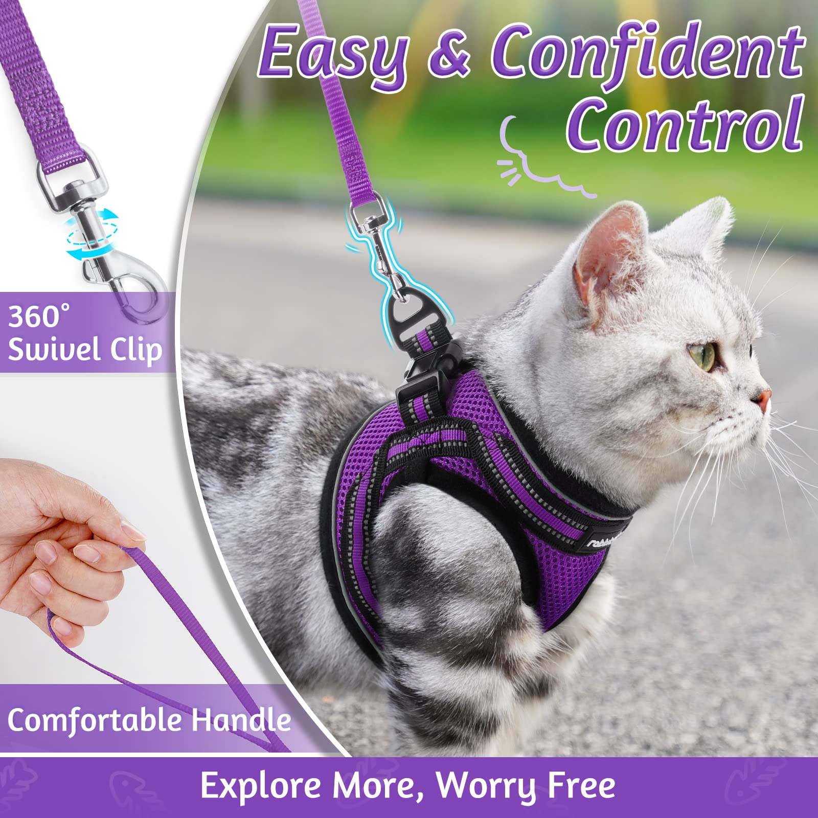 Rabbitgoo Cat Harness And Leash Set For Walking Escape Proof, Adjustable Soft Kittens Vest With Reflective Strip For Cats, Comfortable Outdoor Vest, Purple, Xl