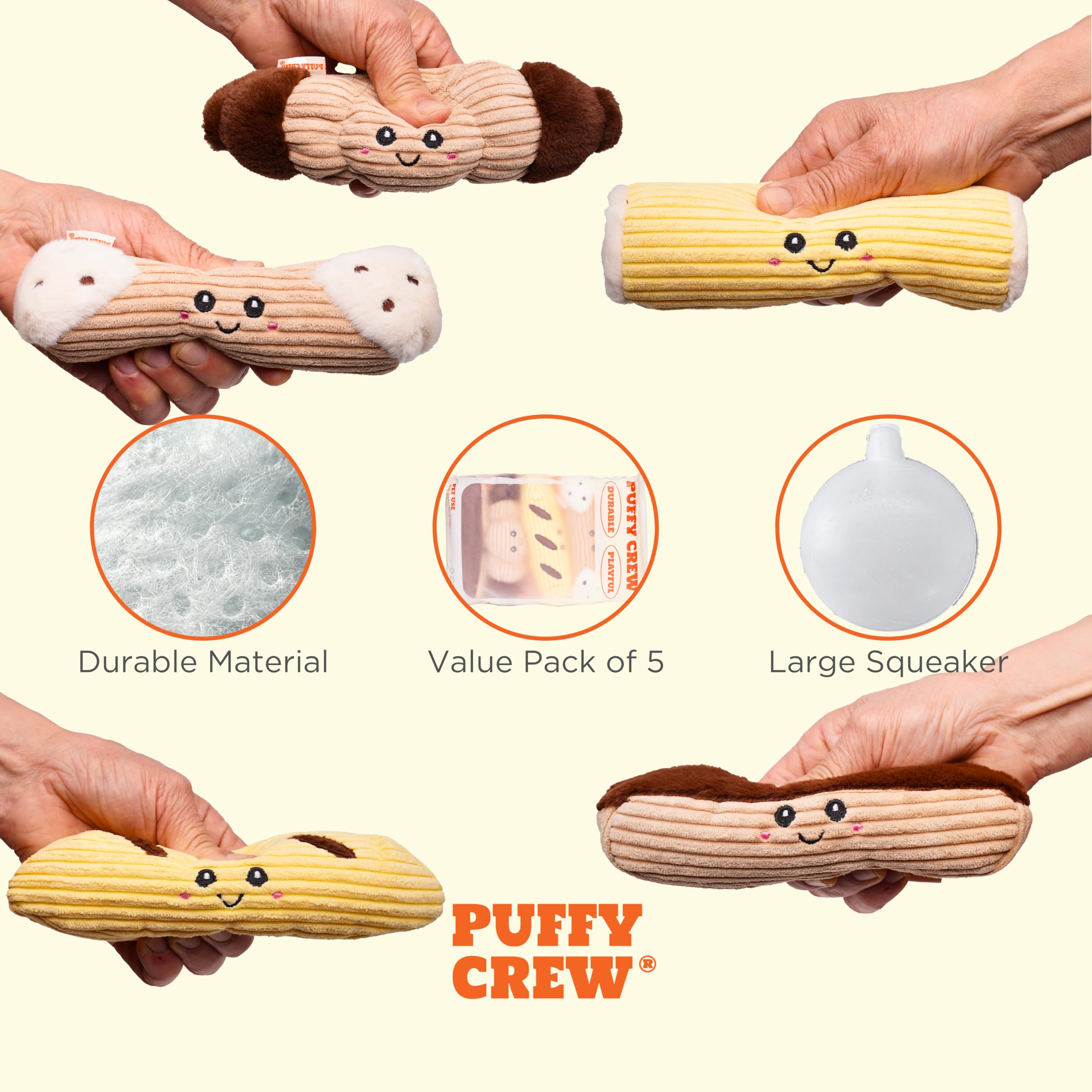 Puffy Crew Squeaky Dog Plush Toy, Bakery Bite_Stick Collection, 8'', For Small And Medium Dogs (5 In 1, Small)