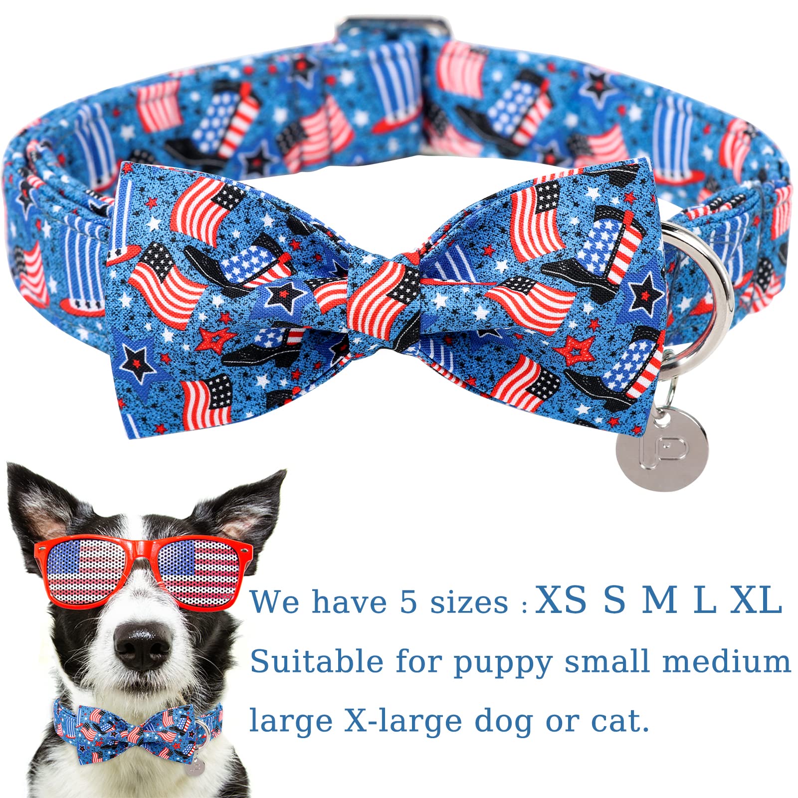 Up Urara Pup Patriotic Dog Collar With Bow Tie, 4Th Of July Bowtie Dog Collar, American Flag Collar For Puppy Boy Girl Dog Or Ca