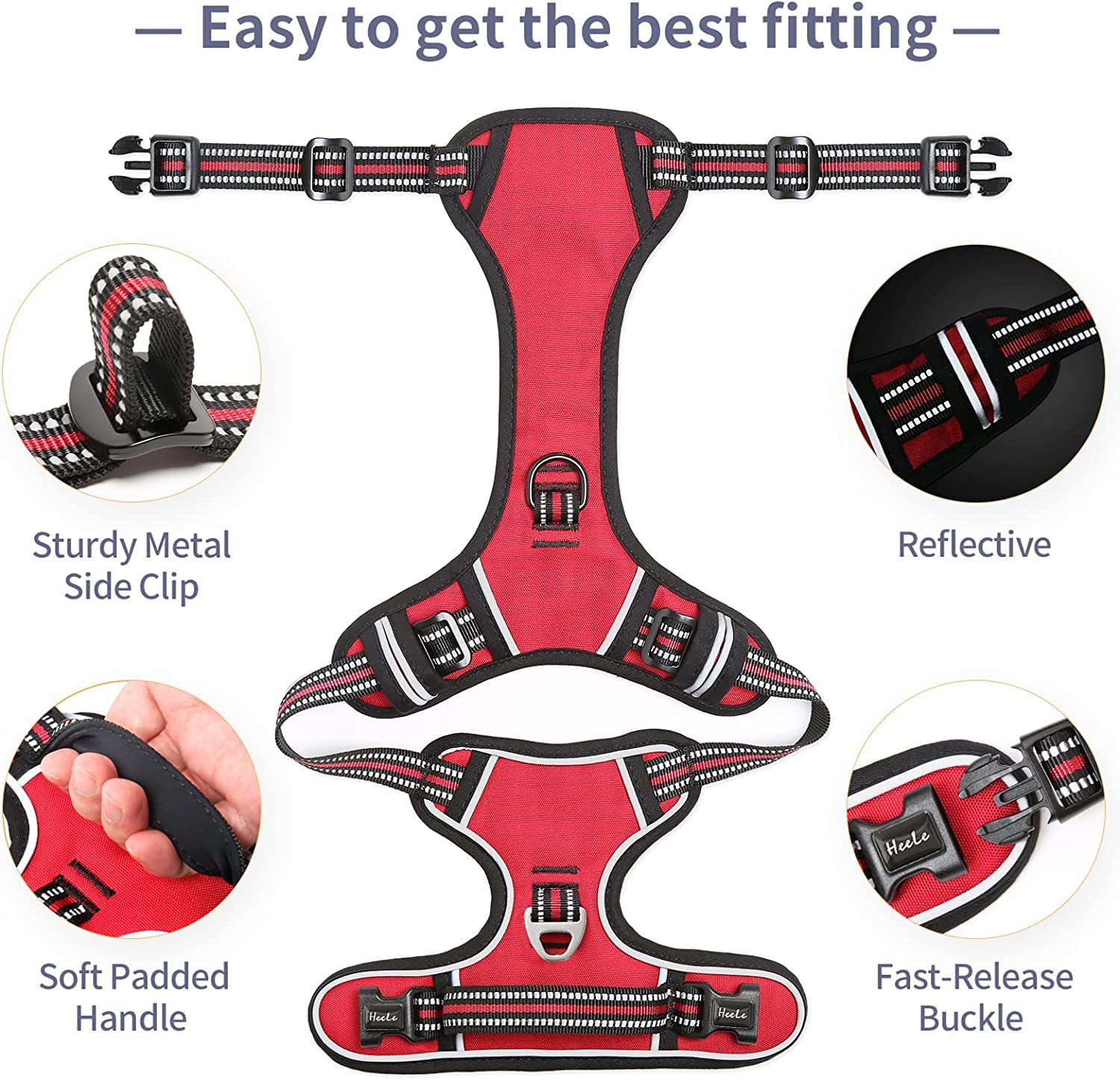 Heele Dog Harness, No Pull Adjustable Padded Reflective Harness For Small Medium Large Dogs With Handle For Walking Training, Re
