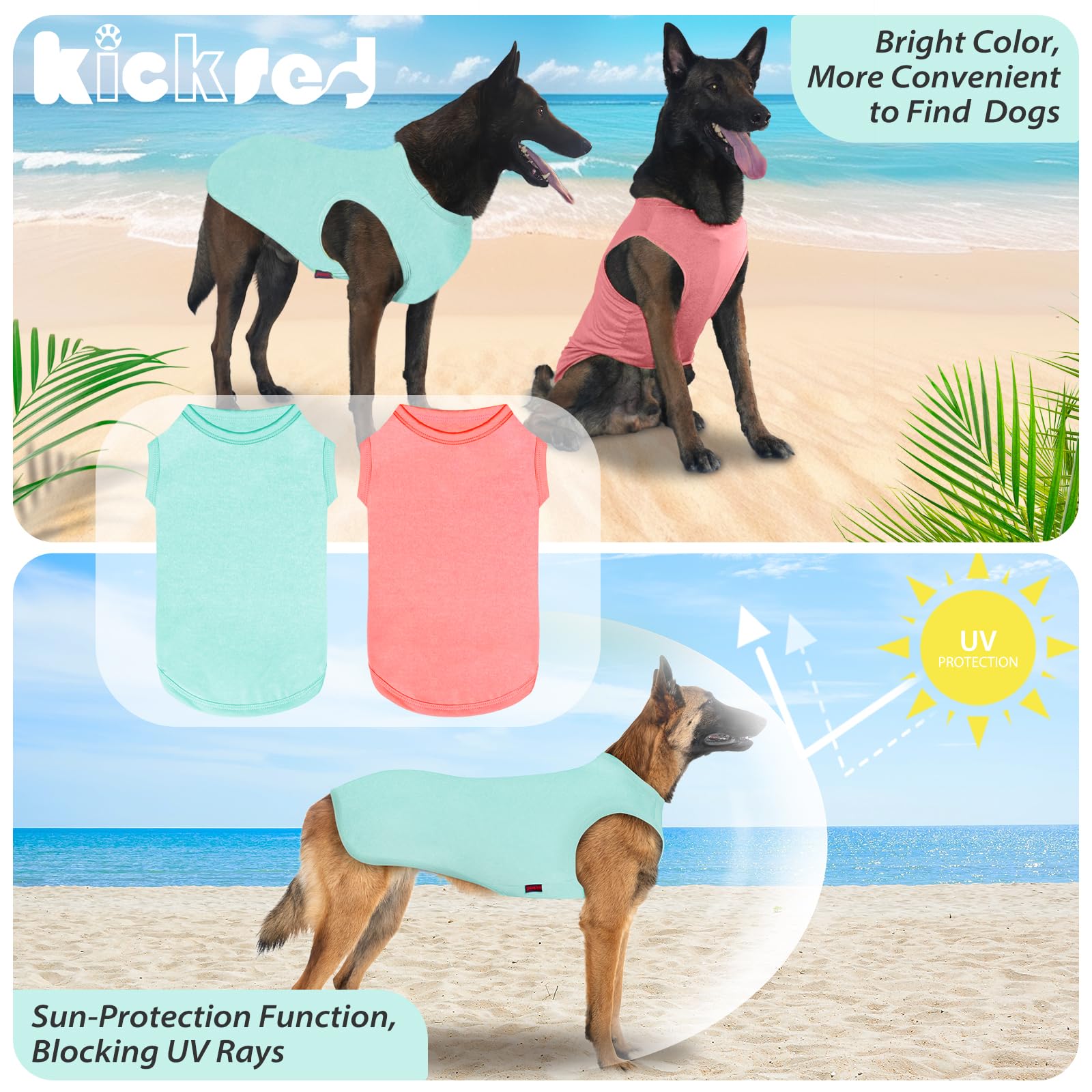 Kickred 2-Piece Dog Shirts - Soft, Breathable Tank Top & Sleeveless Sweatshirt For Medium-Large Pets - Light Blue+Candy Pink (M)