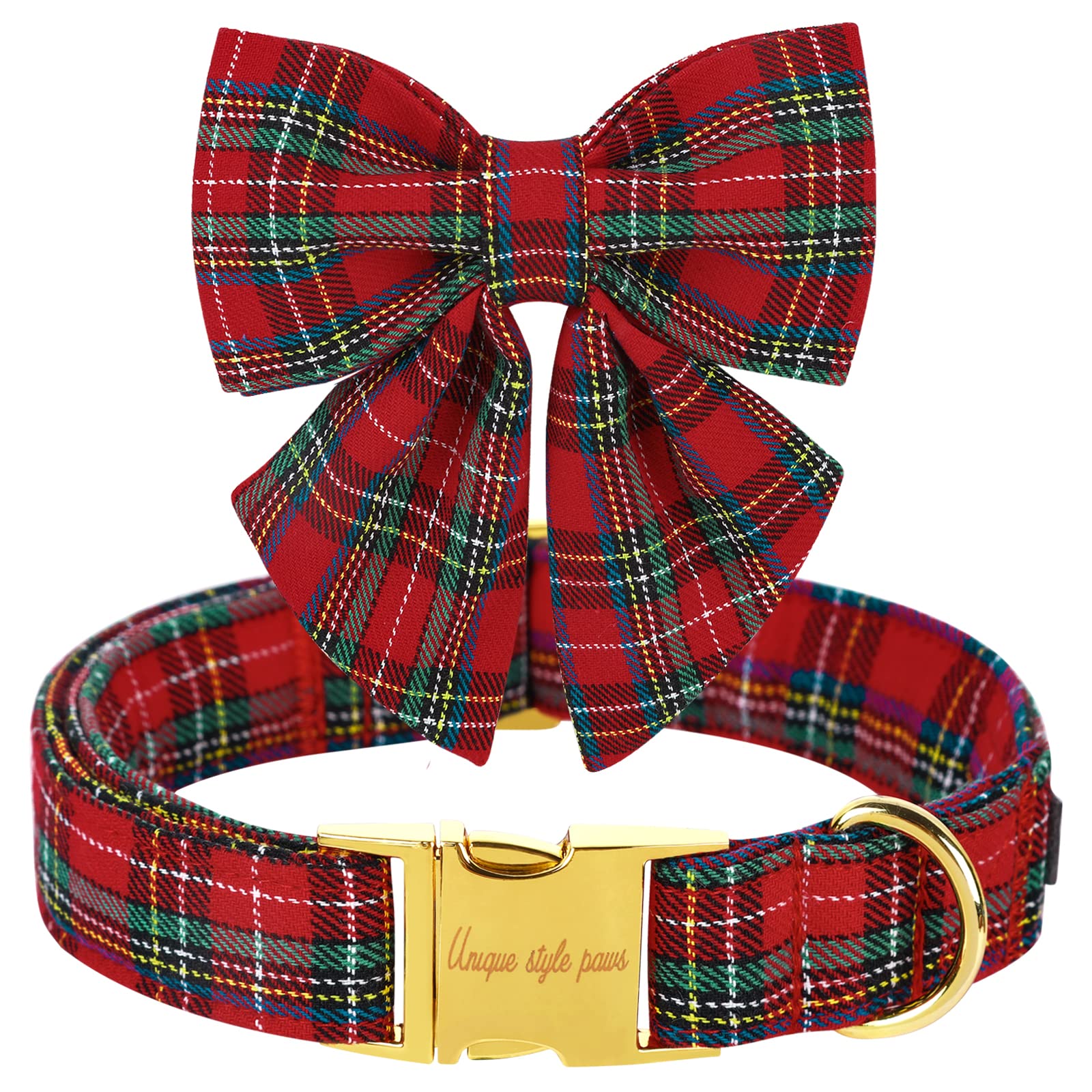 Unique Style Paws Christmas Dog Collar With Bow Tie Scottish Plaid Puppy Collar For Small Medium Large Dogs As Holiday Autumn Winter Gifts-S