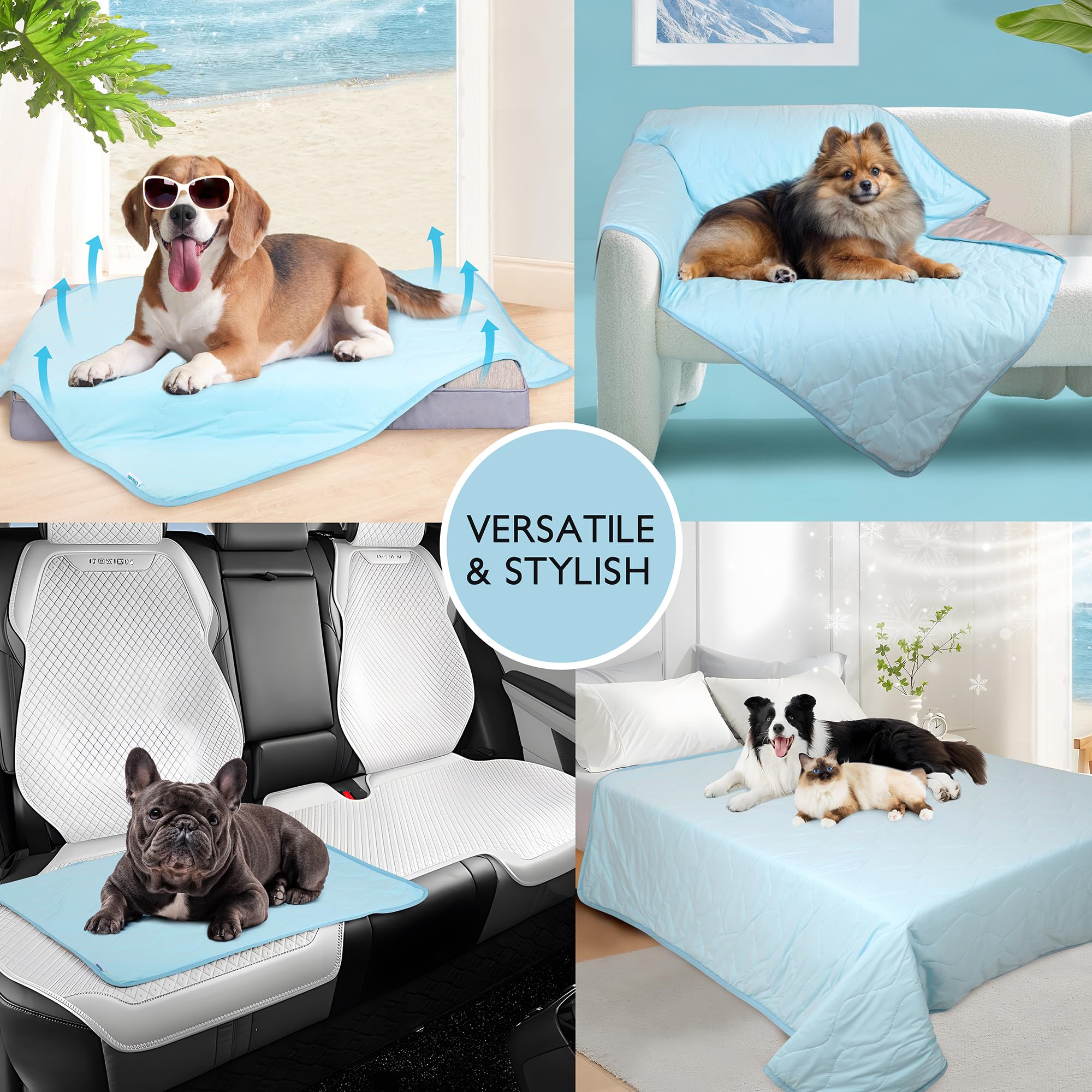 ZAKAPAWS Cooling Dog Blanket - Waterproof, Slip-Resistant, 50x60 Inch, Light Blue, Polyester, Model 25BLK3-Cool-Blue-XL