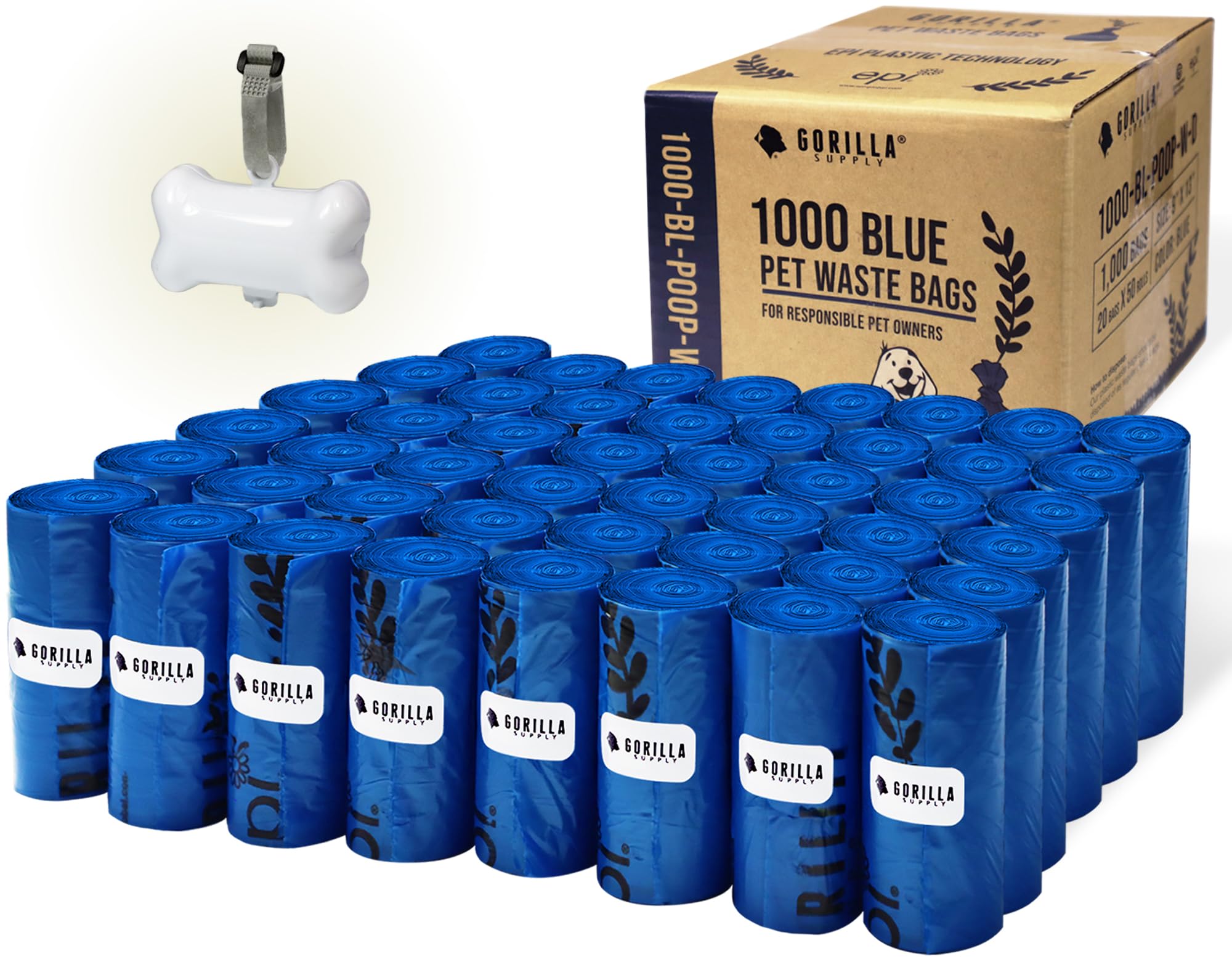 Gorilla Supply 1000 Dog Poop Waste Bags With Dispenser And Leash Tie, 9' X 13', Blue, 1000 Count