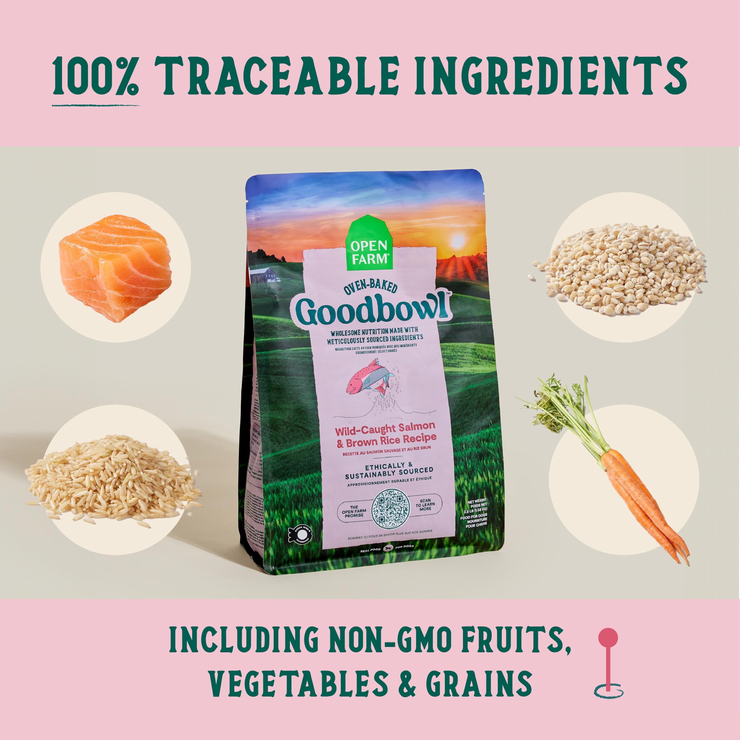 Open Farm Goodbowl, Oven-Baked Small Batch Dry Dog Food - Wild Caught Salmon & Brown Rice Recipe, Includes Non-GMO Produce & Gra