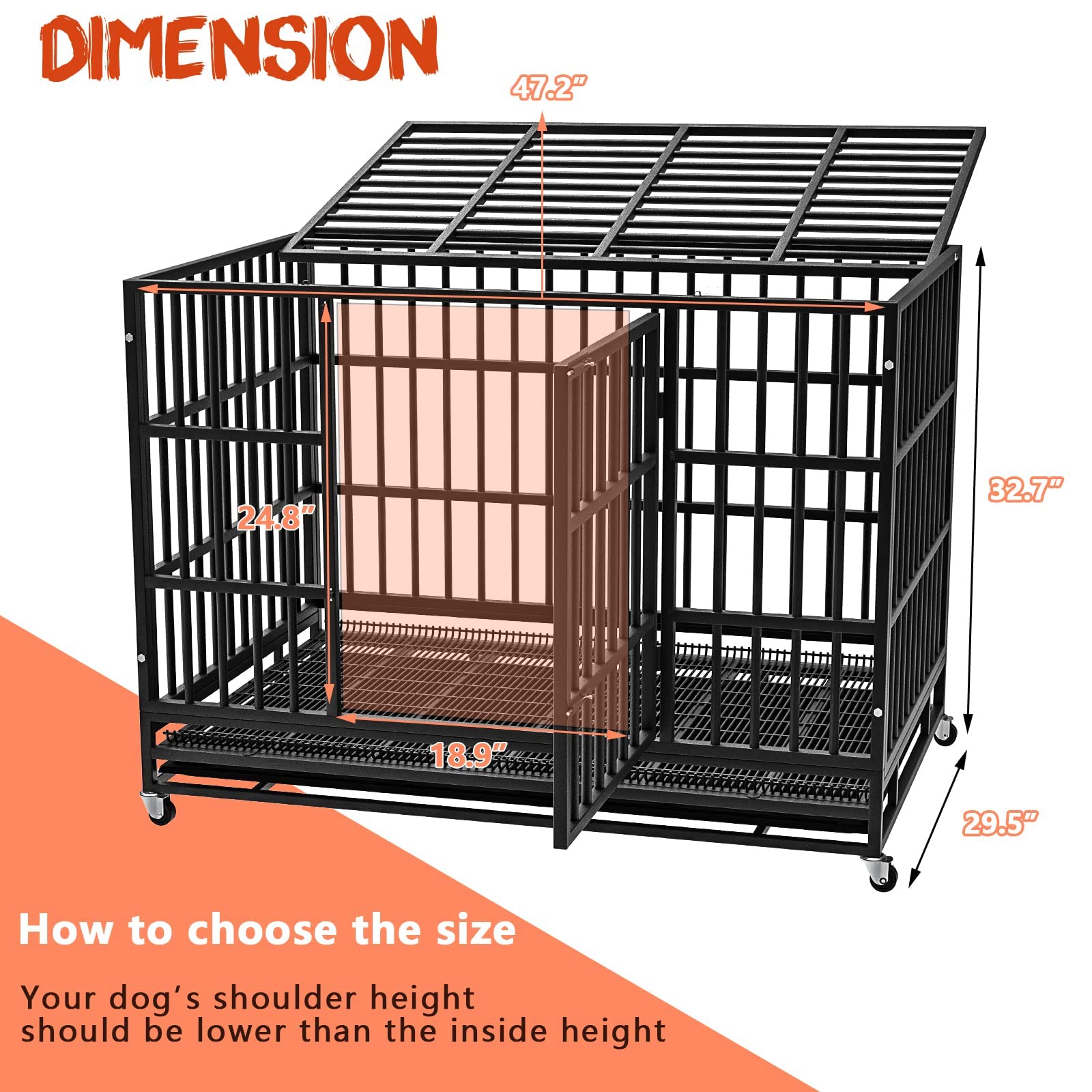 LEMBERI Heavy Duty Dog Crate - Indestructible Escape Proof Kennel, 48/38 Inch, Alloy Steel, Black, Double Door, Lockable Wheels