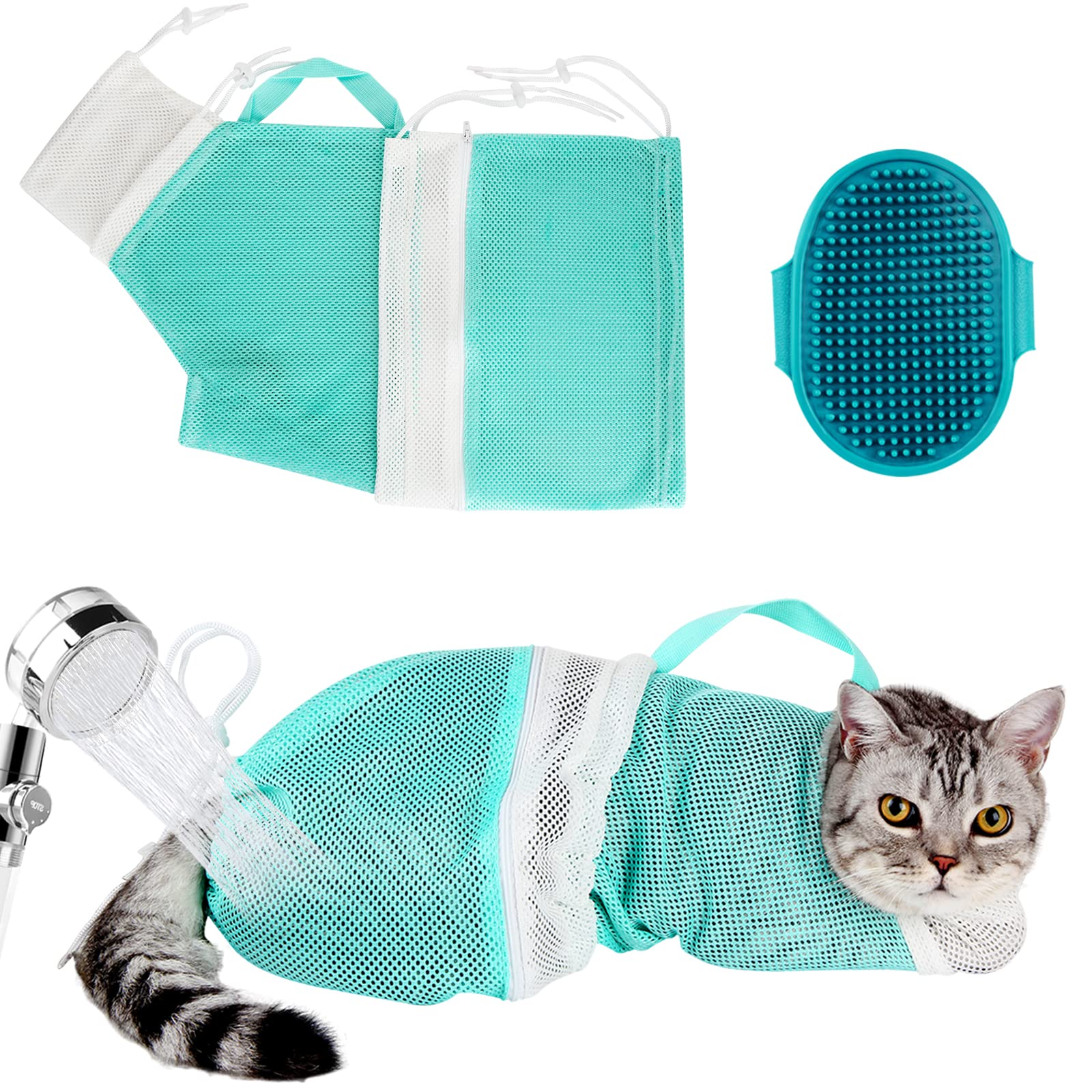 Cat Bag for Bathing Set with Cat Grooming Washing Bag Adjustable Pet Shower Brush - Cat Bathing Mesh Bag Anti Scratch Anti Bite