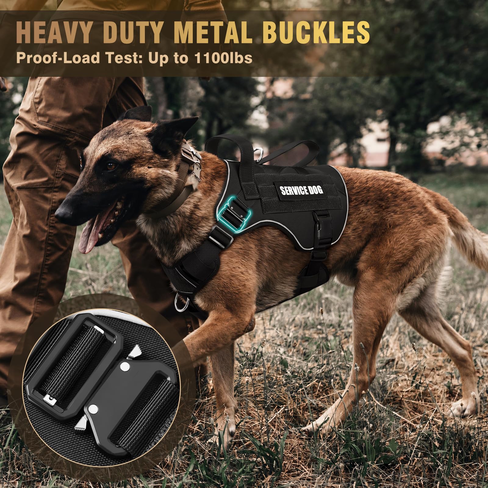 WINSEE Tactical Dog Harness, Heavy Duty MOLLE Vest, No Pull, X-Large, Black, Includes 10 Pet Patches for Training & Walking