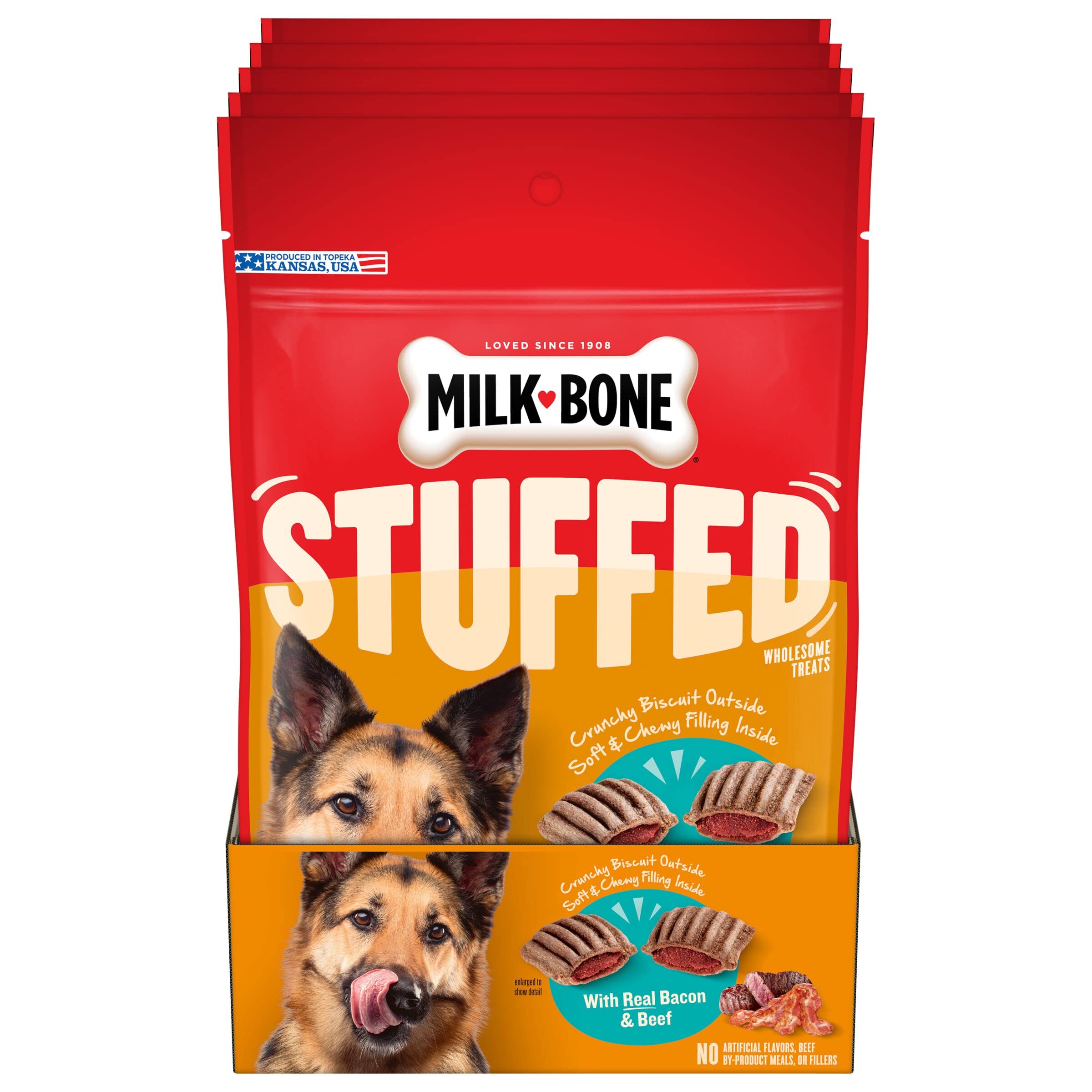 Milk-Bone Stuffed Dog Treats with Real Bacon & Beef, 10 Ounce (Pack of 5), Crunchy Biscuit with Soft & Chewy Filling