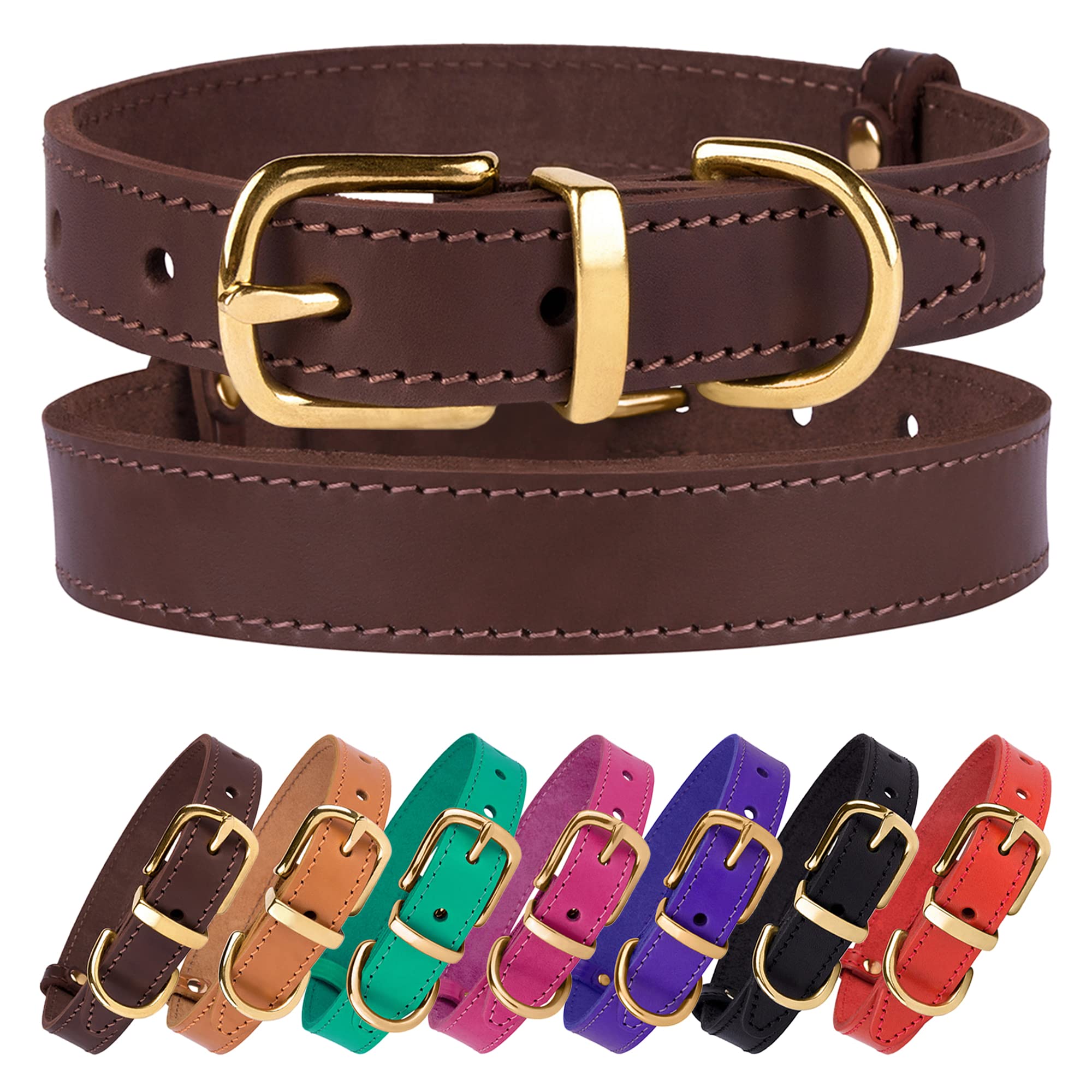 Bronzedog Leather Dog Collar With Metal Buckle Durable Basic Pet Collars For Small Medium Large Dogs (19-21 Inch (Pack Of 1), Dark Brown & Gold Buckle)