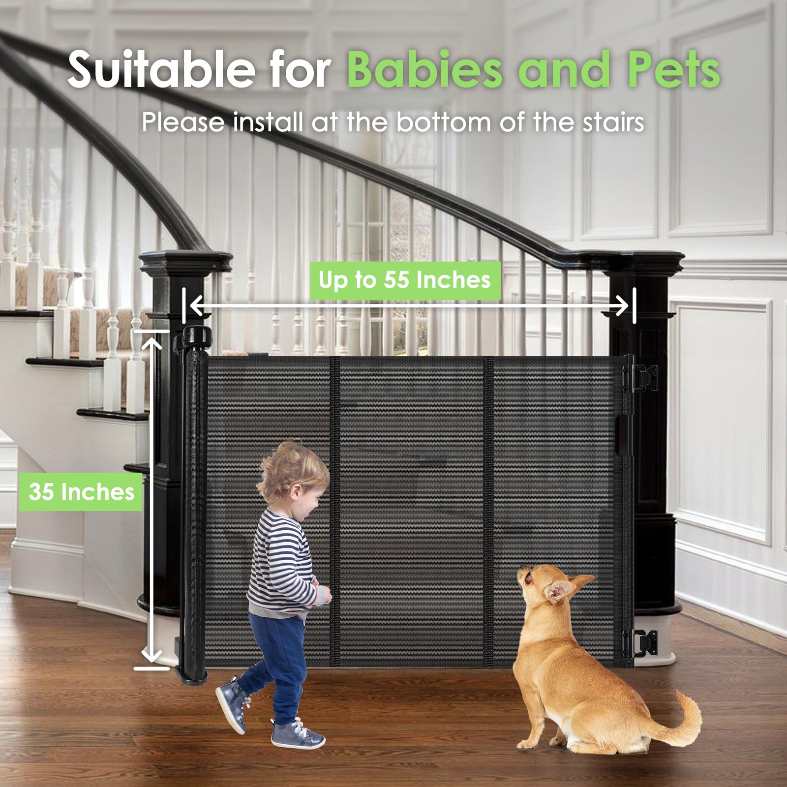 Reinforced Retractable Baby Gate for Stairs with Support Rods, 33'' Tall, Extends up to 55'' Wide, Mesh Stairway Gate Banister B