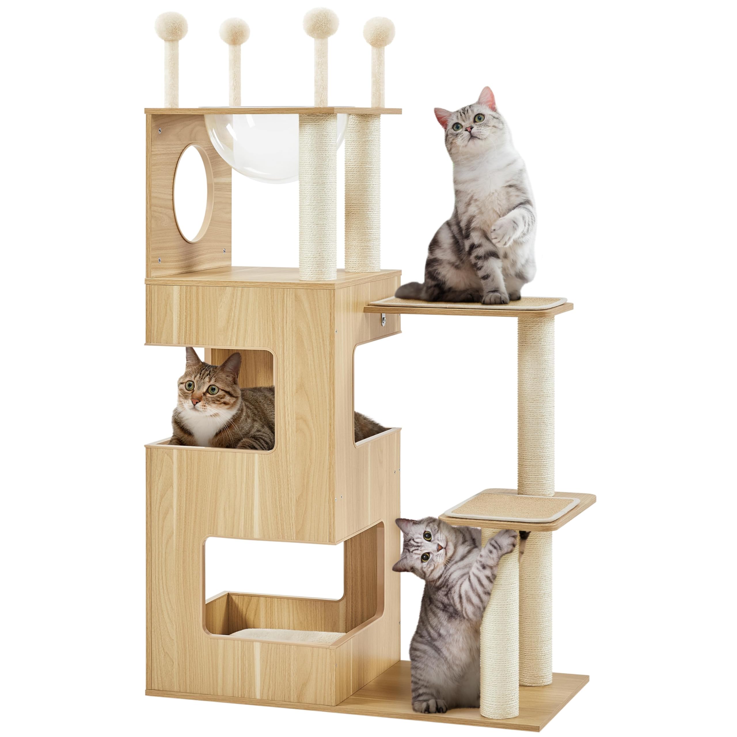 Yaheetech 53in Modern Wooden Cat Tree with Transparent Bowl Condo, Spring Balls & Fully Wrapped Sisal Scratching Posts - Large W