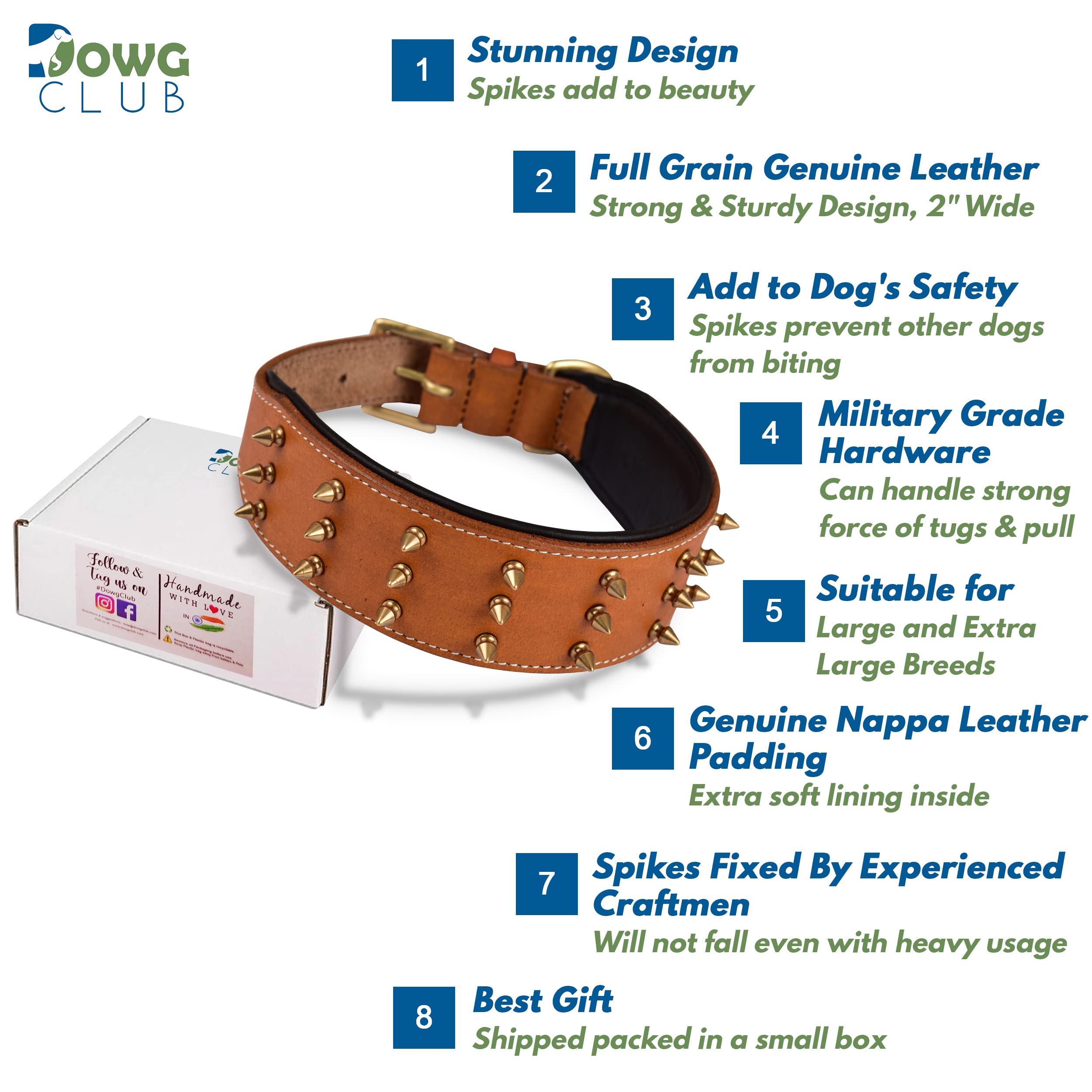 Dowgclub Spiked Leather Dog Collar - 2 Wide Full Grain Bridle Leather, Heavy Duty, Padded & Adjustable - For Extra Large Breed
