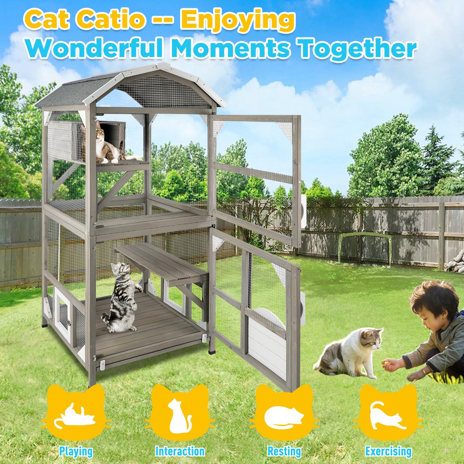 Gowoodhut 71'' Large Cat House - Waterproof Outdoor Catio Enclosure, Greywhite, Model CAT12-FBA-GreyWhite