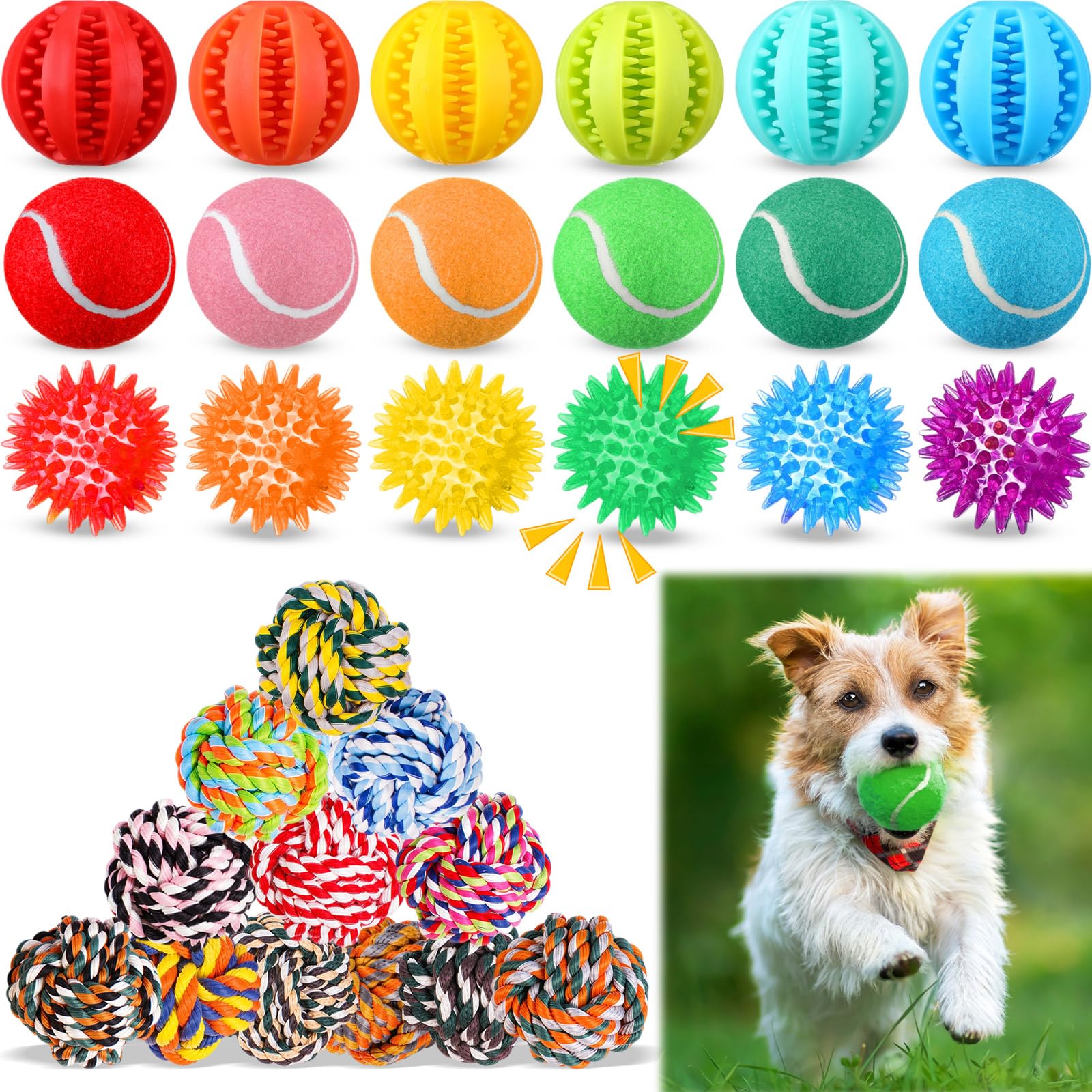 Skylety 30 Pcs Puppy Teething Toys for Small Medium Breed Includes 2.5 Inch Tennis Balls Squeaky Rubber Chew Toys and Treat Ball