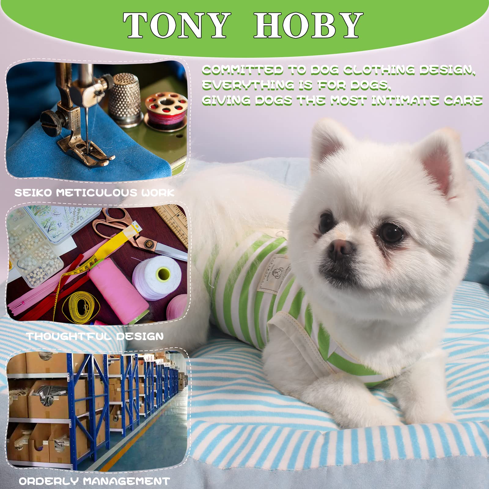 Tony Hoby Dog Summer Sleeveless Pajamas, Dog Jumpsuit With Stripes (White&Green, L)