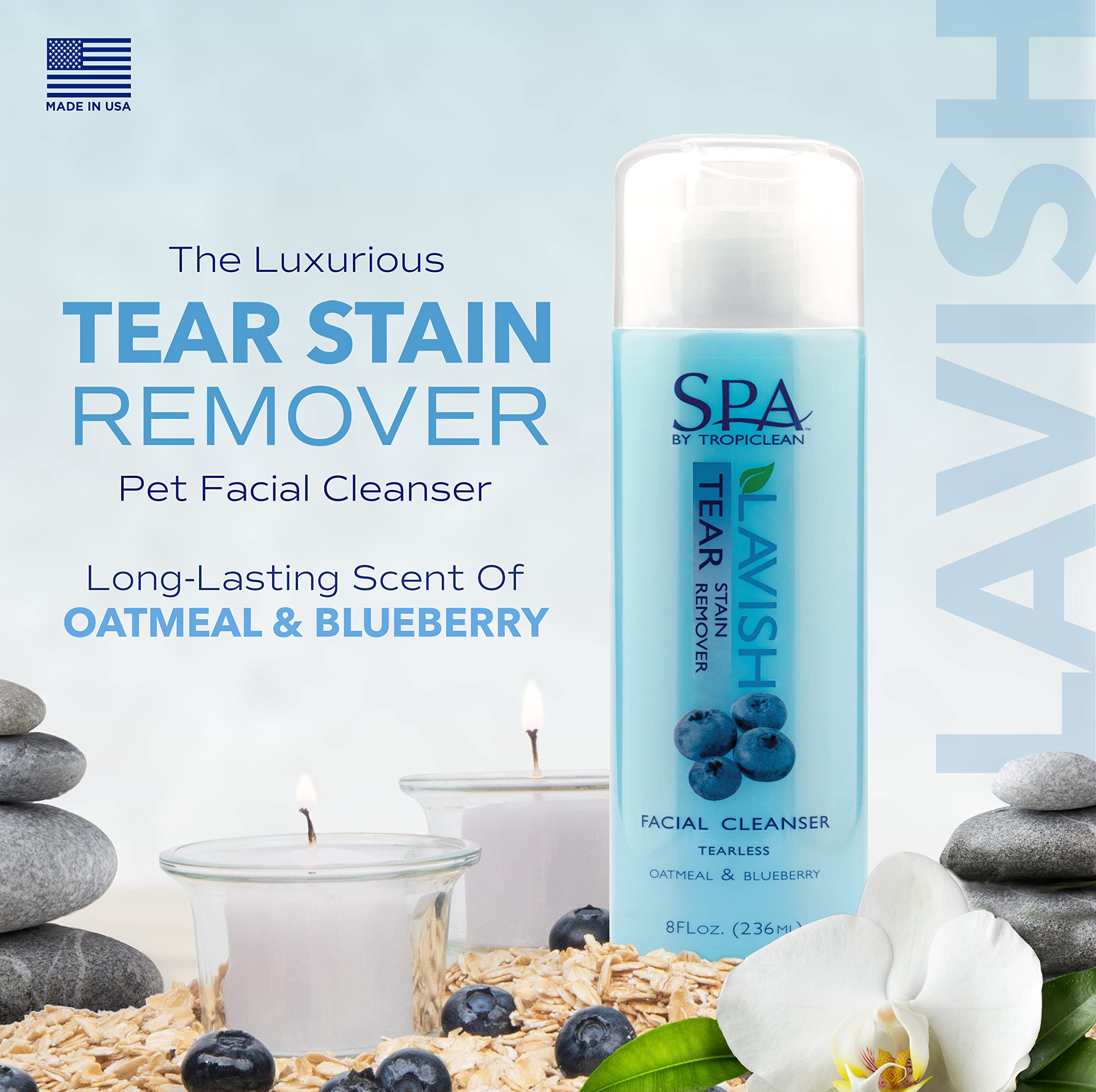 TropiClean Blueberry Facial Shampoo for Dogs - Tear Stain Remover, Odor Eliminator, Tearless, Whitening, 8oz, Made in USA