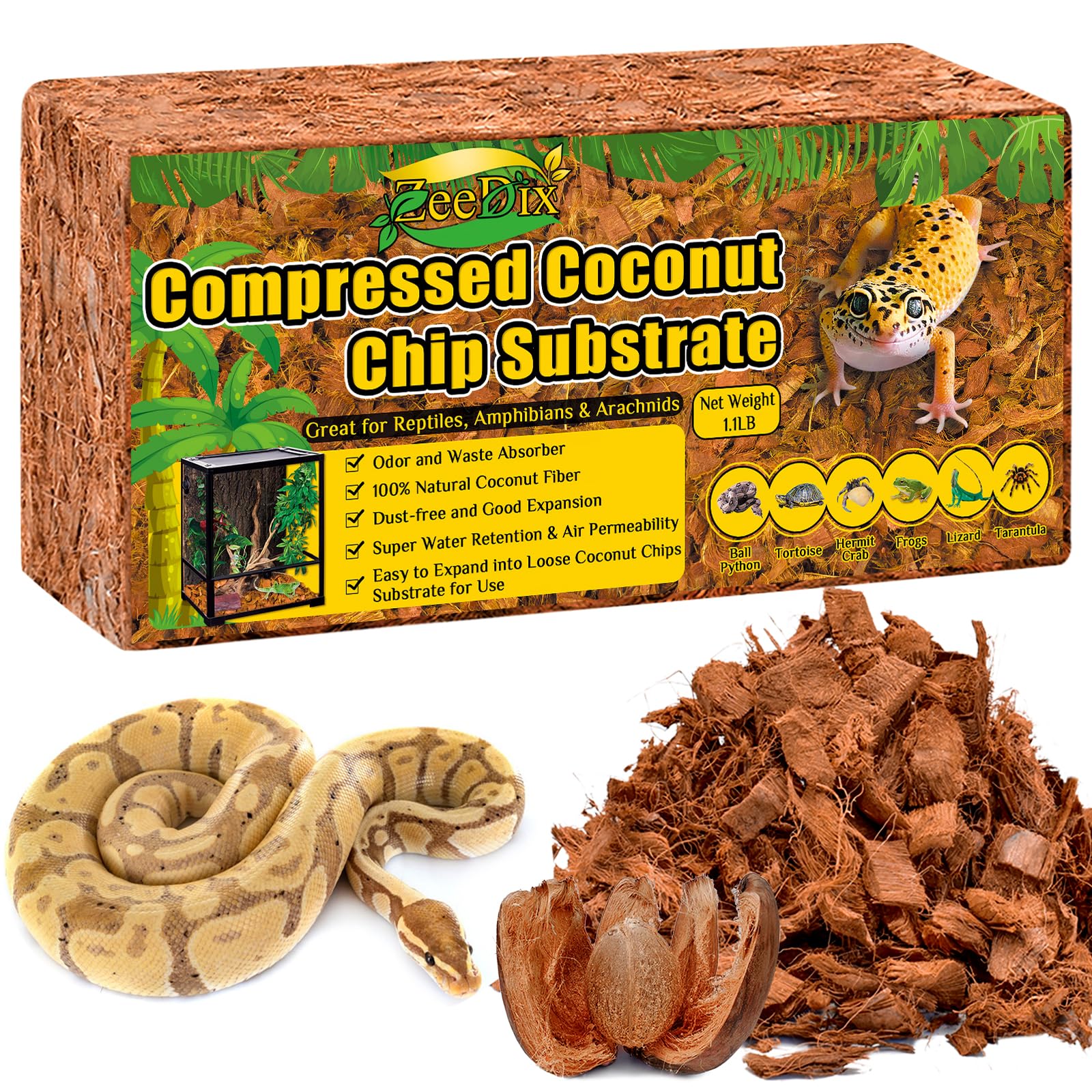 Zeedix Natural Coconut Chips Substrate For Reptiles, Coconut Fiber Husk Reptiles Bedding, Compressed Coco Chips Substrate For Ba