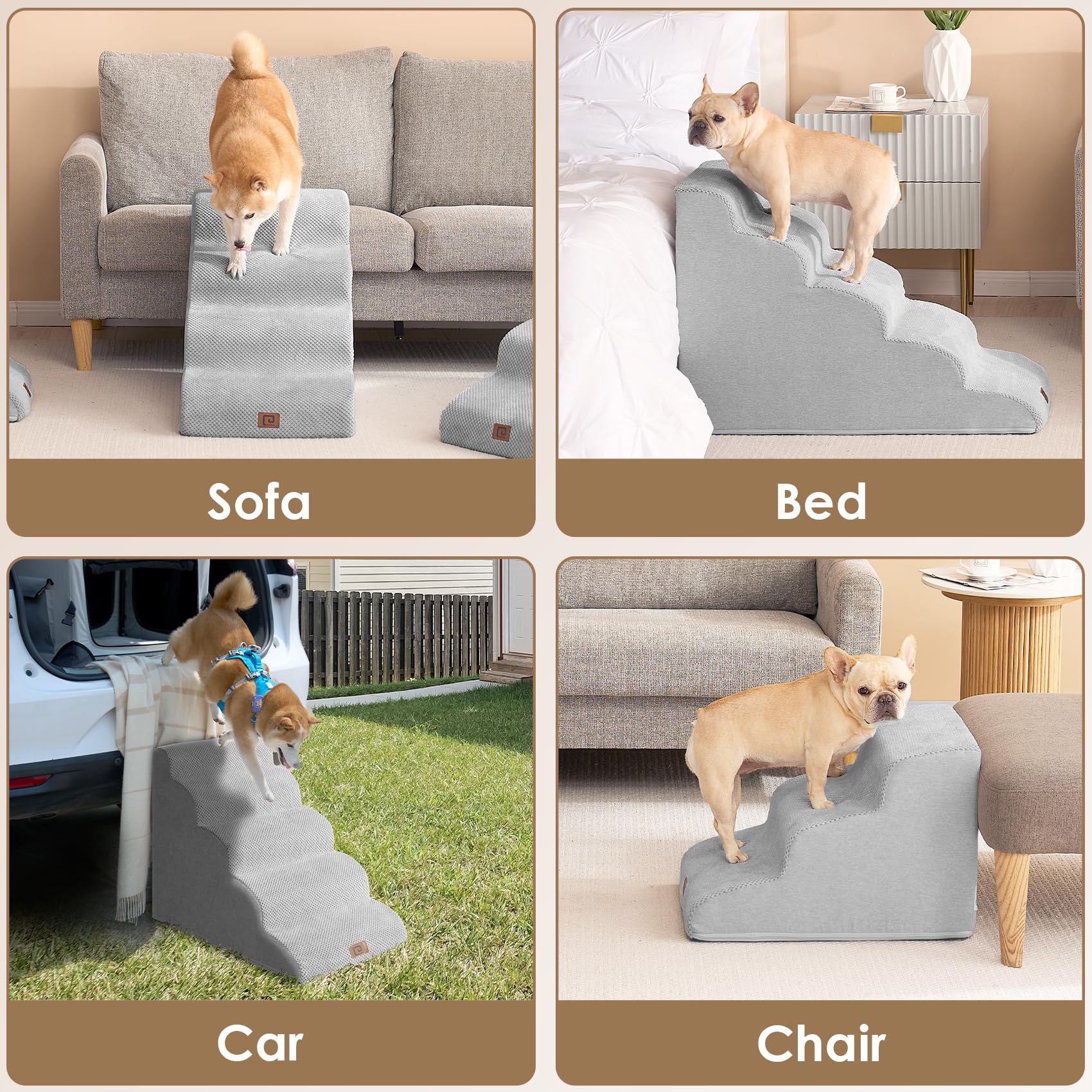 Eheyciga Curved Dog Stairs Ramp For High Beds 22.6' H, 5-Step Dog Steps For Small Dogs And Cats, Pet Stairs For High Bed Climbing, Non-Slip Balanced Pet Step Indoor, Light Grey