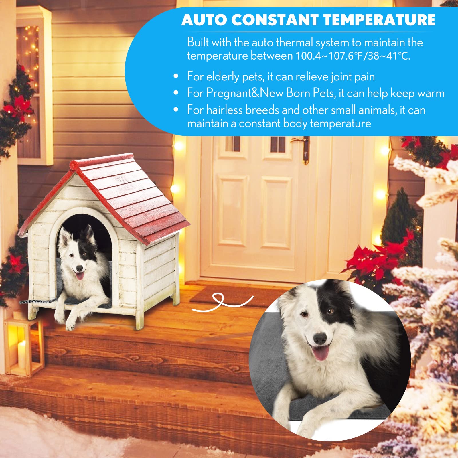 PETNF Outdoor Heated Pet Bed - Waterproof, Soft Electric Blanket, 27.6'' x 15.7'', Gray, Auto Temperature Control for Dogs and Cats