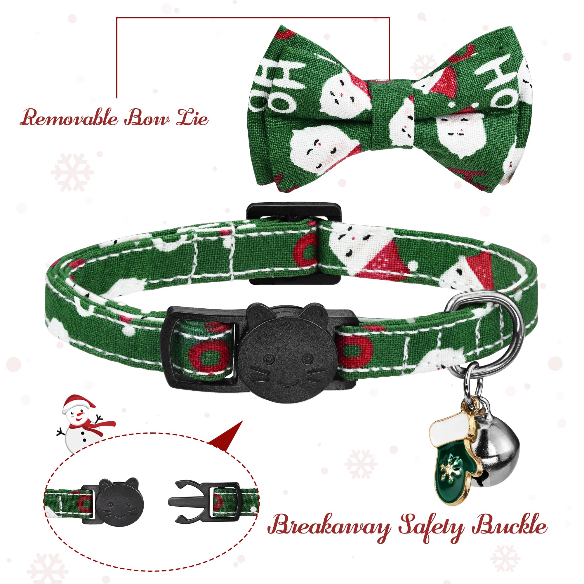 G-Ficu 2 Pack Christmas Cat Collar Breakaway With Cute Bow Tie Bell Charm, Snowflake Santa Claus Holiday Collars For Girl Boy Ca