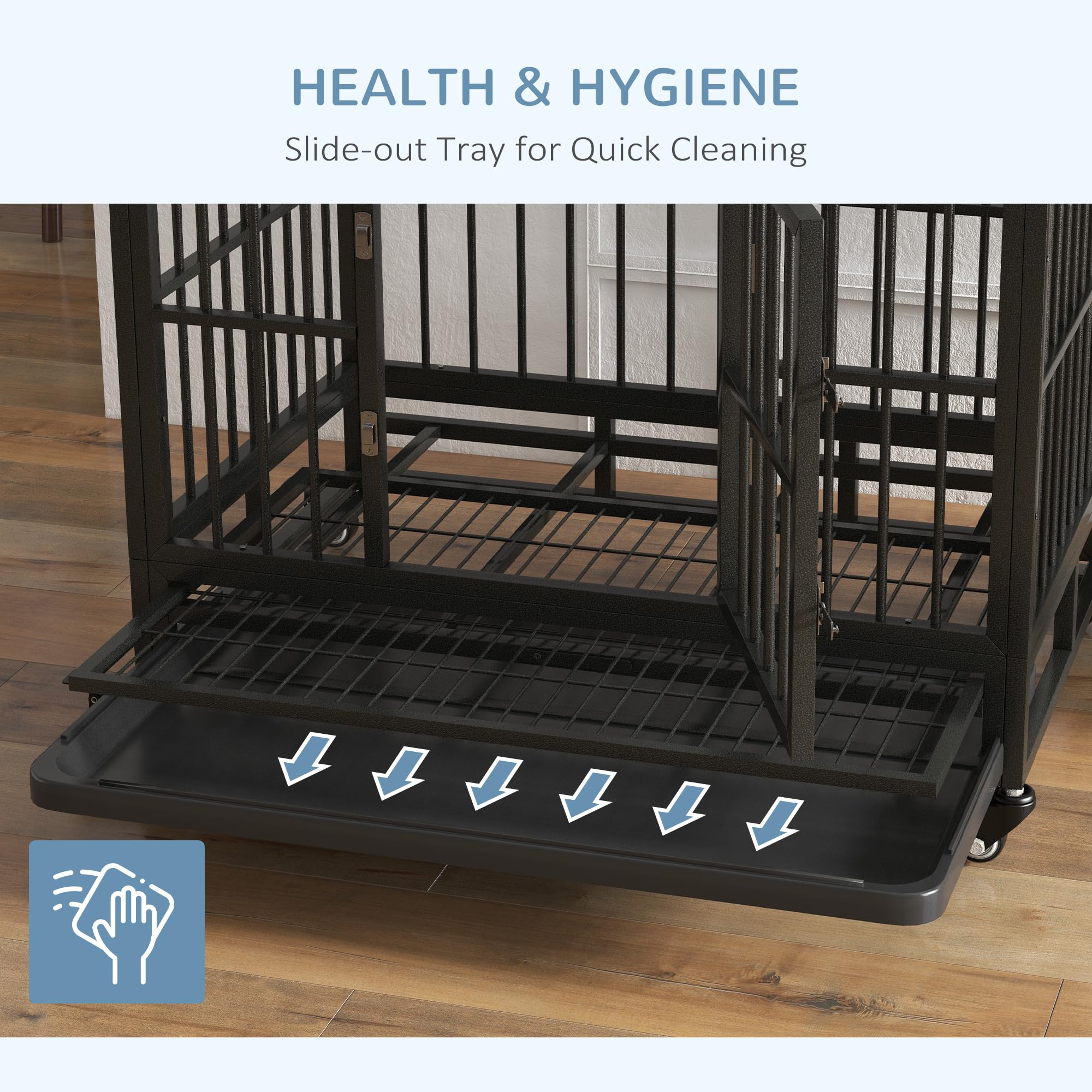 Pawhut 36' Heavy Duty Dog Crate Metal Cage Kennel With Lockable Wheels, Double Door And Removable Tray, Gray