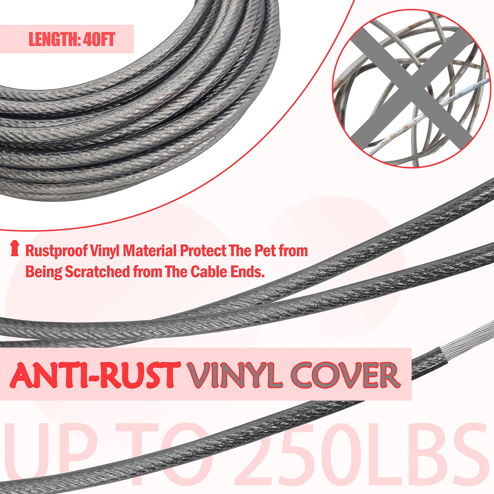 Petest Reflective Tie Out Cable With Crimp Cover For Super Dogs Up To 250 Pounds, 40 Feet