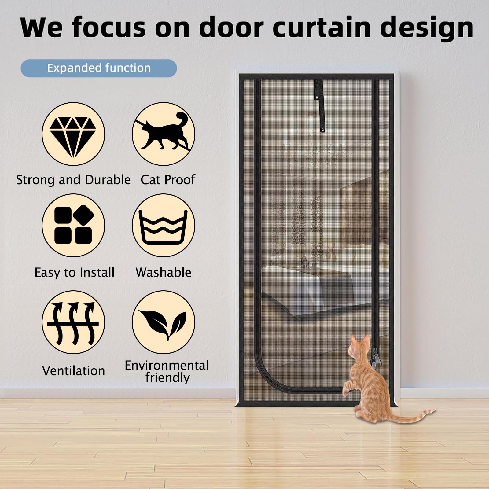 QWR Cat Screen Door - Reinforced Mesh, Zipper Closure, Fits Up to 38"x82", Black, Model QWR-3321