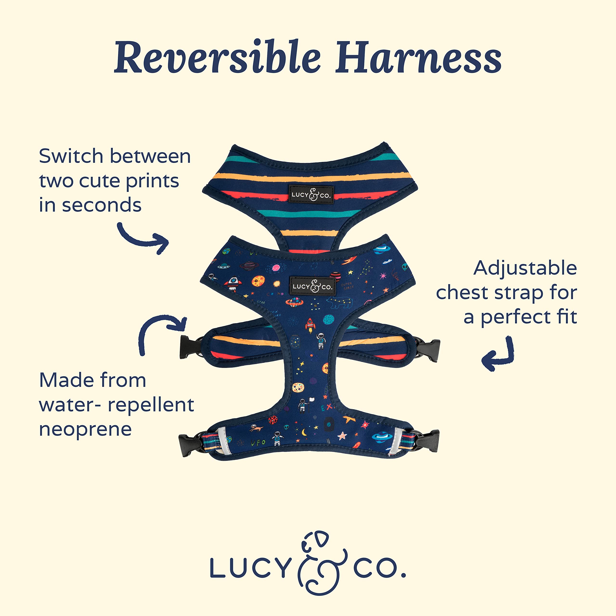 Cute Reversible Dog Harness Walking Halter - Best Designer Pet Harnesses For Medium Dogs - Padded Adjustable Vest For Easy Walking (X-Small, Space Doodle)