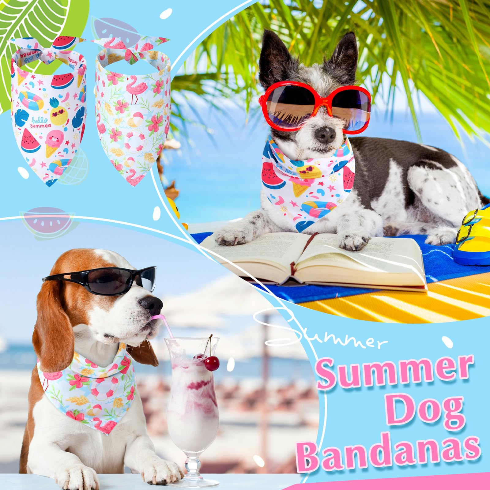 Sweetude 100 Pieces Hawaiian Dog Bandanas Bulk,Summer Bandanas For Dogs Fruit Flamingo Palm Leaves Pattern Pet Triangle Scarf Pu
