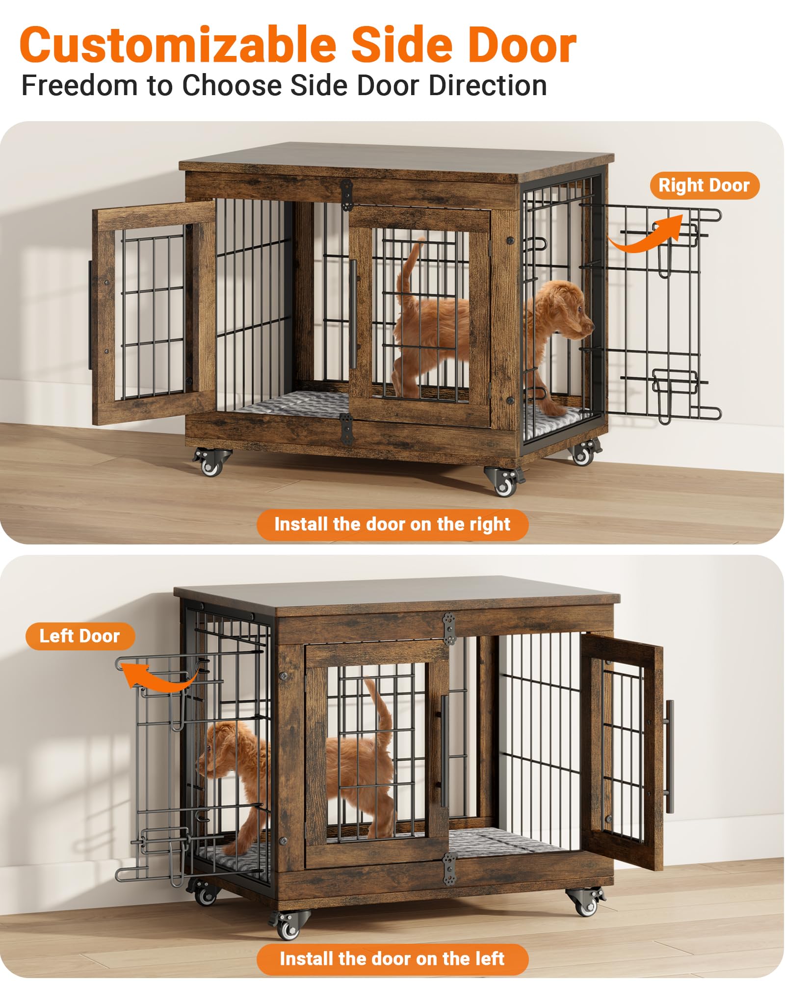 YaFiti Dog Crate Furniture with Cushion, Wooden Indoor Kennel, 27.2" L, Rustic Brown, Set of 2 with Double Doors and Wheels
