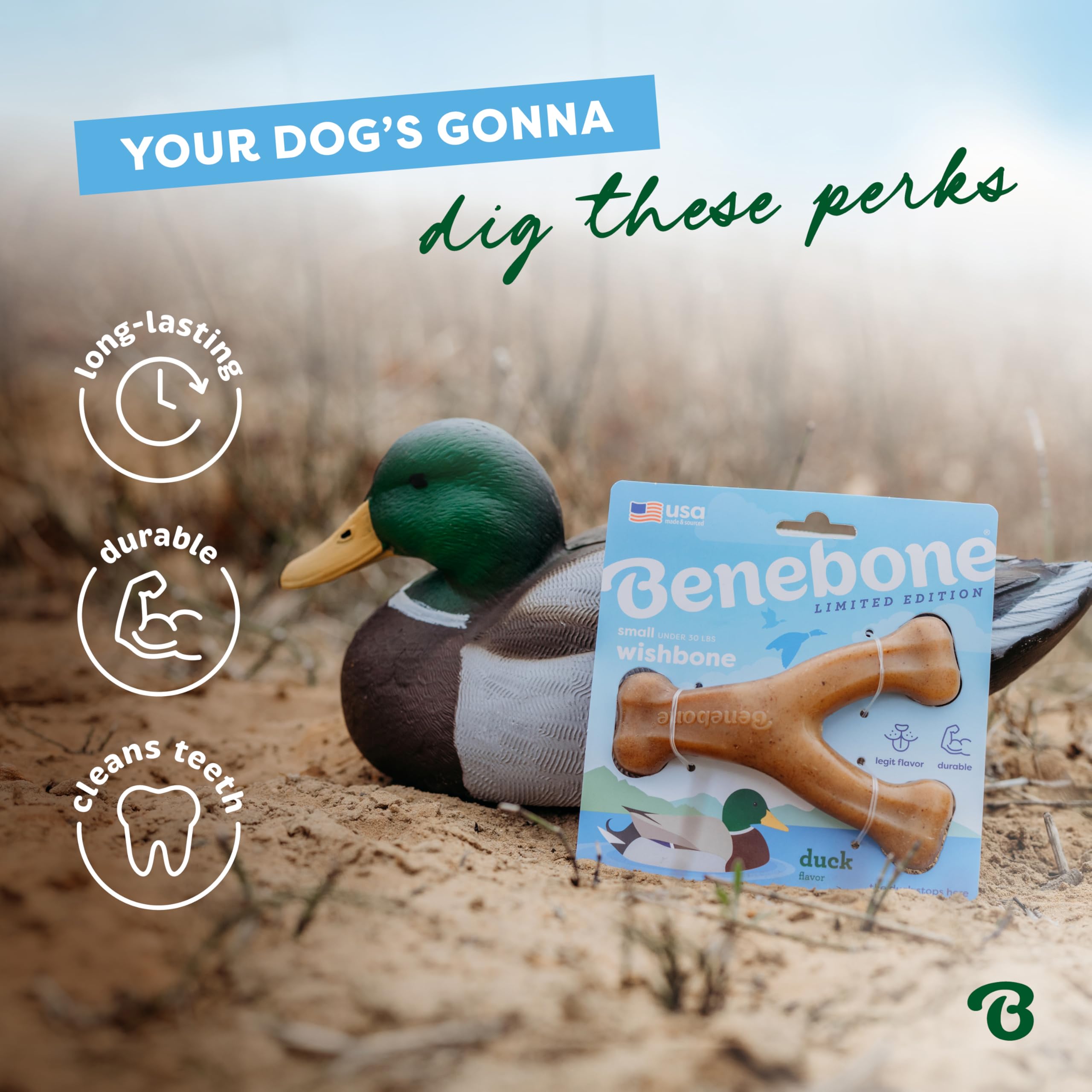 Benebone Wishbone Durable Dog Chew Toy for Aggressive Chewers, Duck, Made in USA, Small