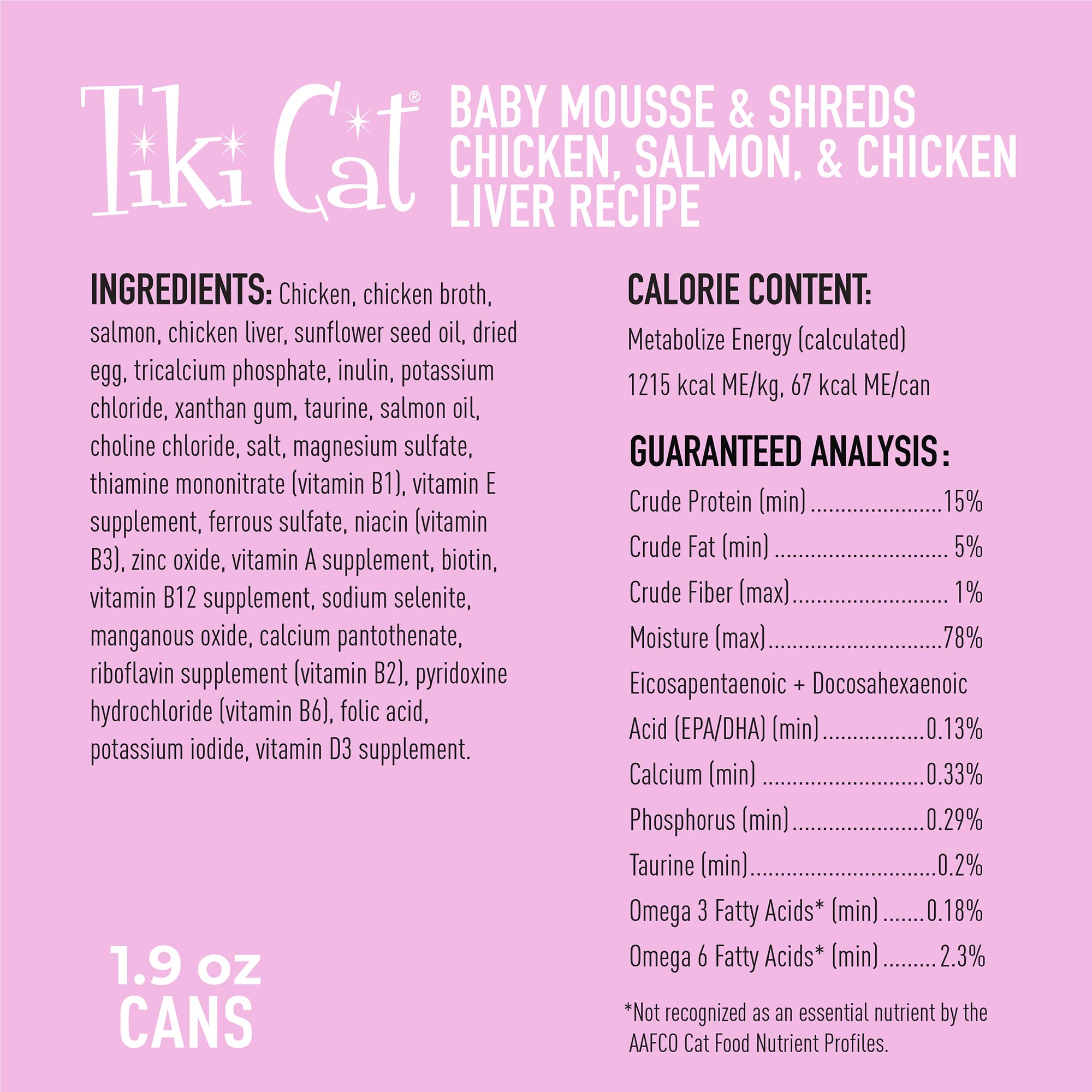 Tiki Cat Baby Mousse & Shreds, Chicken, Salmon, and Chicken Liver, High-Protein, Wet Cat Food for Kittens 4 Weeks+, 1.9 oz. Cans