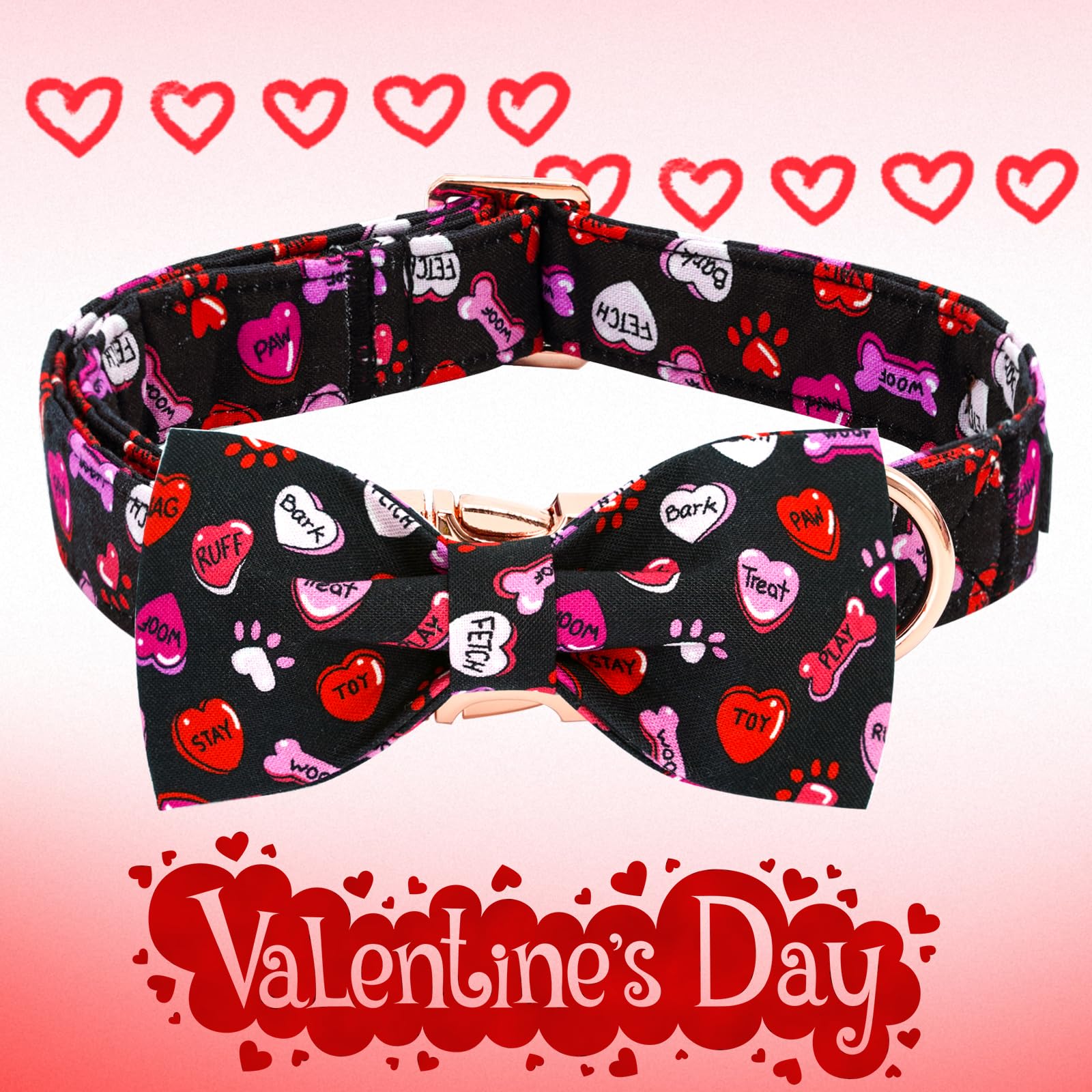 Elegant little tail Valentine's Dog Collar,Cute Heart Dog Collar with Bow for Medium Dogs, Female or Male Adjustable Cotton Pet