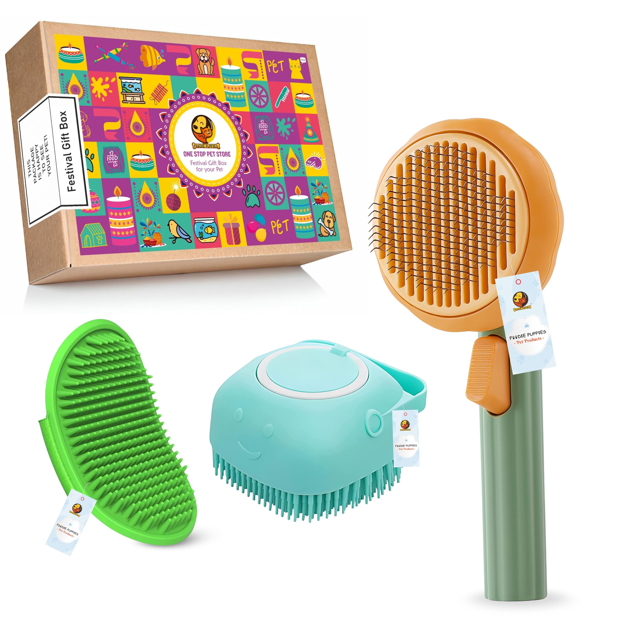 Foodie Puppies 3In1 Pet Grooming Combo Festival Gift Box For Dogs & Cats I Includes Pumpkin Slicker Brush, Silicone Dispenser 