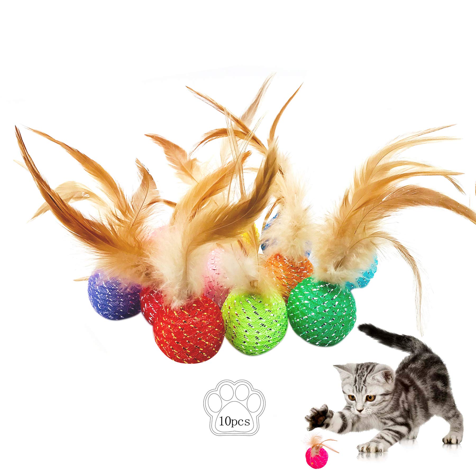 Jpgdn 10Pcs Cat Colorful Rainbow Toys Flutter Balls With Feather And Bells For Indoor Ourdoor Kitty Kitten Interactive Playing C