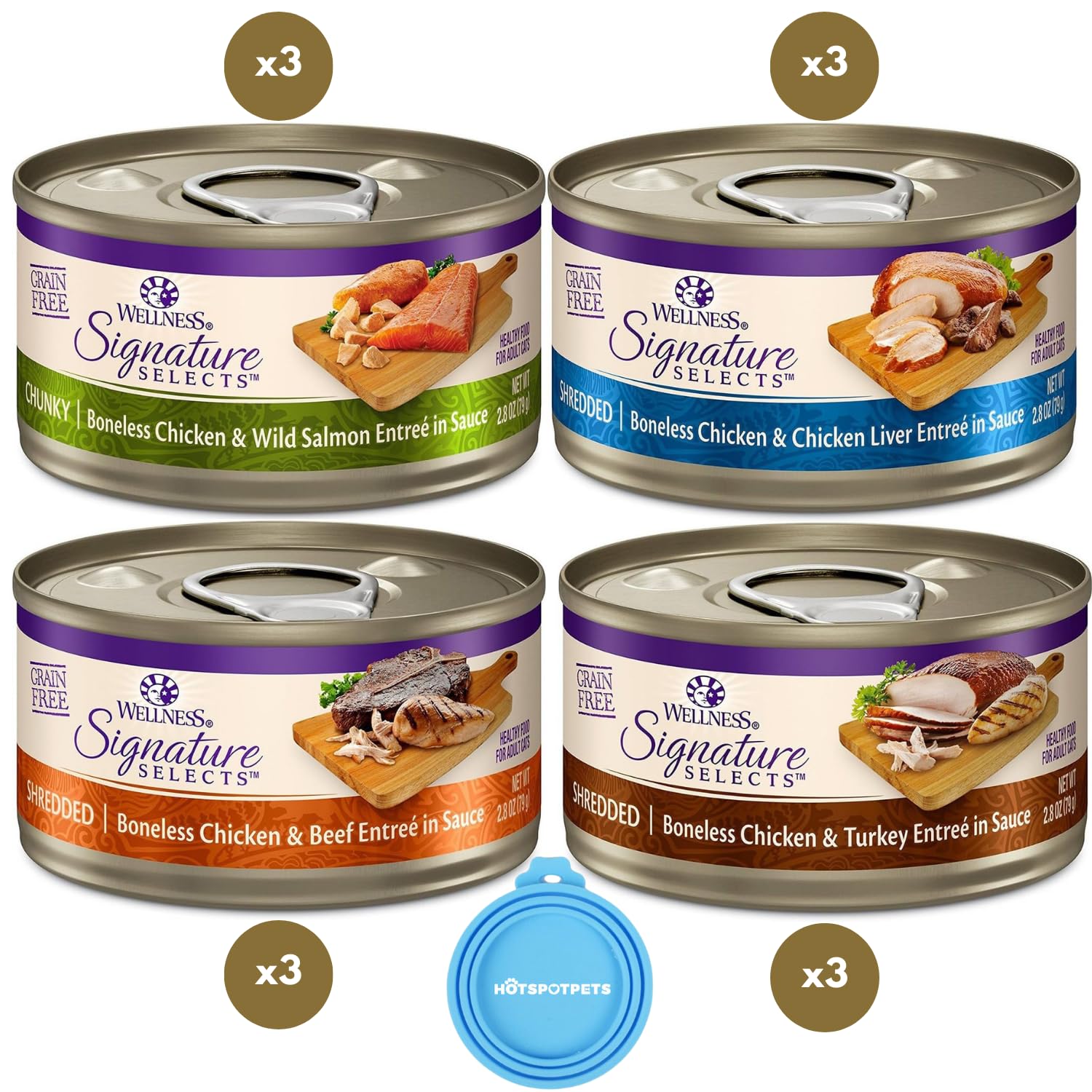 Wellness Canned Grain Free Wet Cat Food - Variety Bundle 4 Flavors Pack with Hotspot Pets Food Bowl (12 Cans) (Chicken & Beef, C