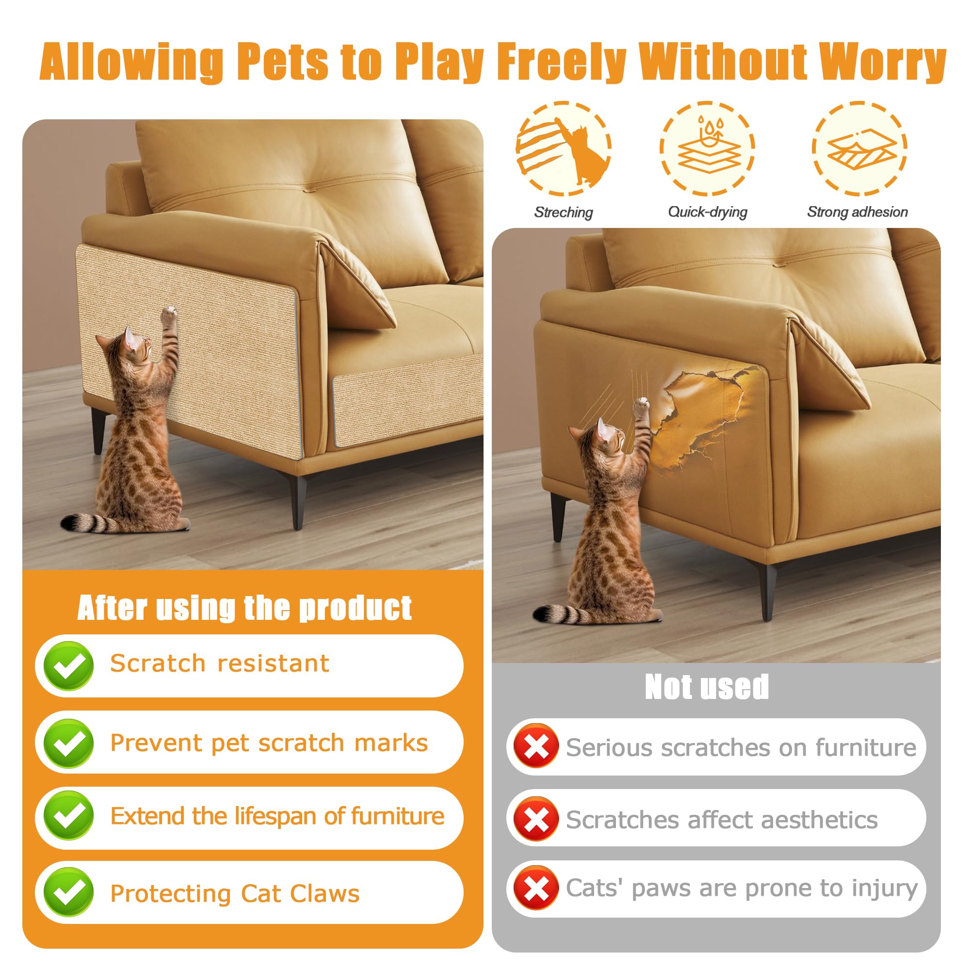 Cat Scratching Mat Self-Adhesive, Trimmable Furniture Protector For Couch, Sofa, Wall & Cat Trees - Durable Scratch Pad With Nan
