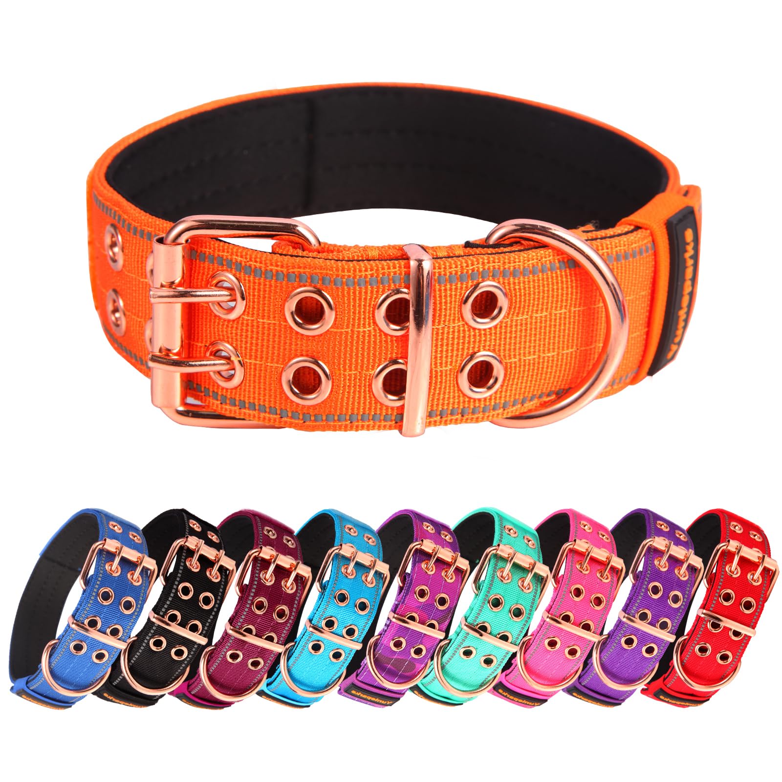Yunleparks Heavy Duty Tactical Dog Collar With Neoprene Padded And Metal Buckle, Reflective Nylon For Medium To Large Dogs(Orang