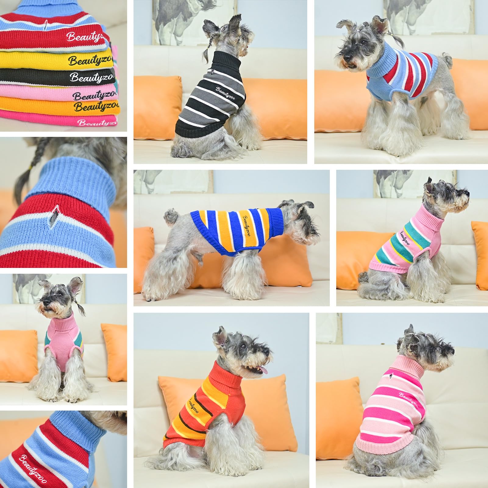 Beautyzoo Small Dog Sweater- Striped Pet Sweaters For Fall Winter Dog Clothes, Turtleneck Pullover Cable Knitwear For Small Medi