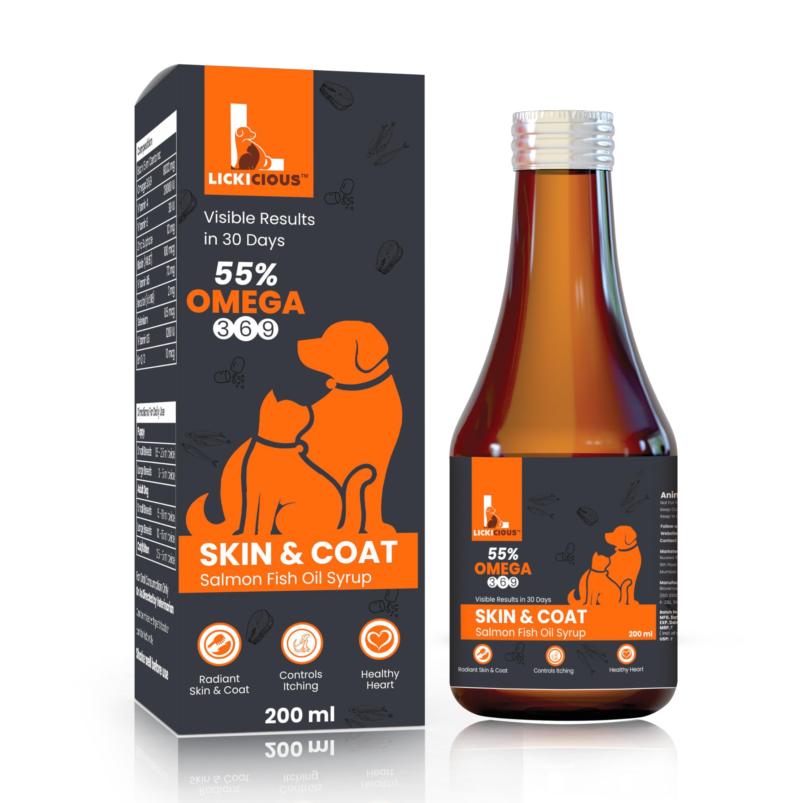 Lickicious Skin & Coat Syrup For Dogs & Cats 200 Ml | 55% Salmon Fish Oil, Omega 3 6 9 | Shinier Coat, Itch & Allergy Control | 