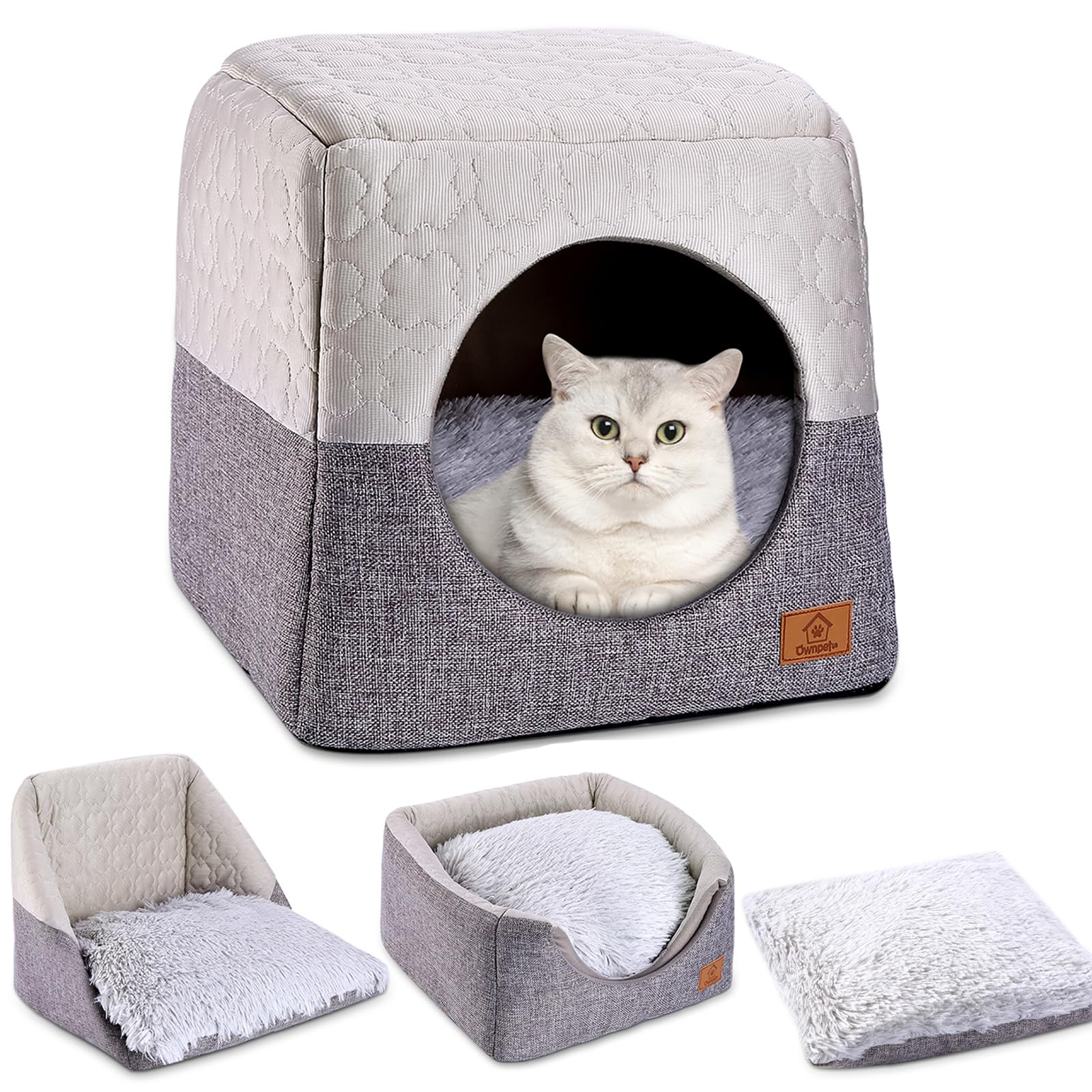 Ownpets Cat Bed For Indoor Cats, 3-In-1 Foldable Cat Cave Bed Cat Houses With Removable Washable Cushion Soft And Self Warming C