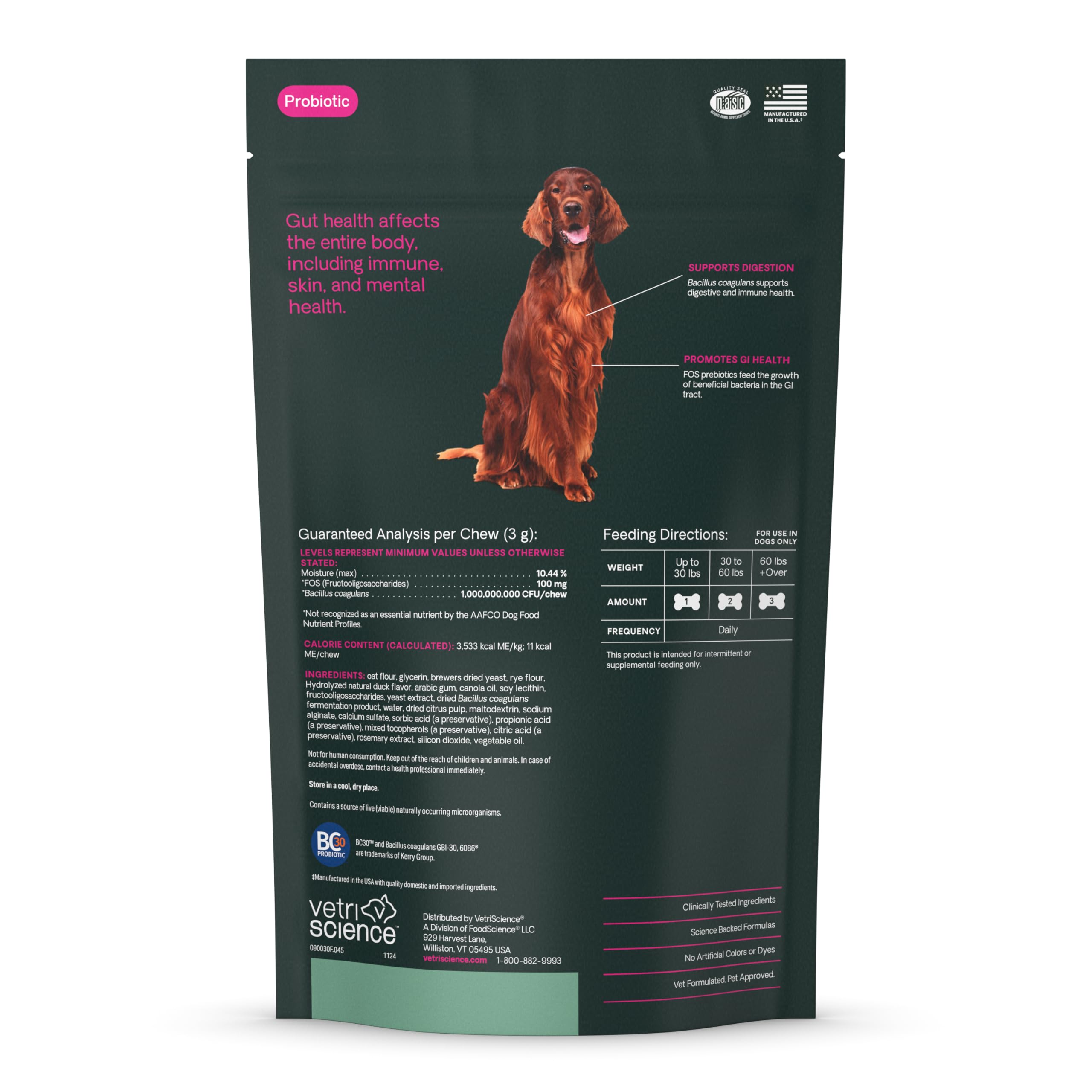 VetriScience Gut Health Chews, Probiotic Everyday Digestive Supplement for Dogs, Pet Probiotics for Digestion Support, Gas and D