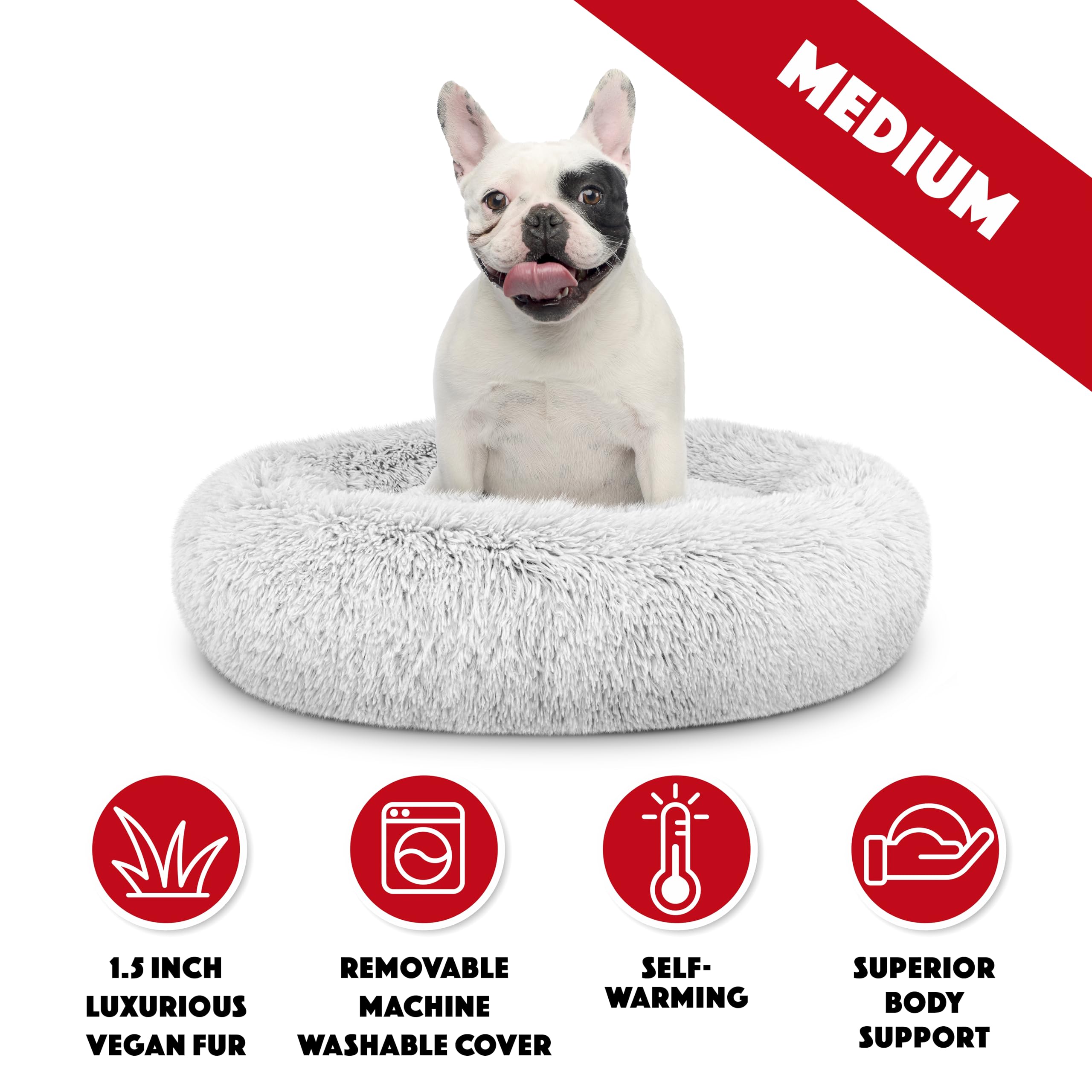 The Dogs Bed Sound Sleep Donut Dog Bed, Medium Ice White Fur Calming Nest Bed, Veterinary Approved