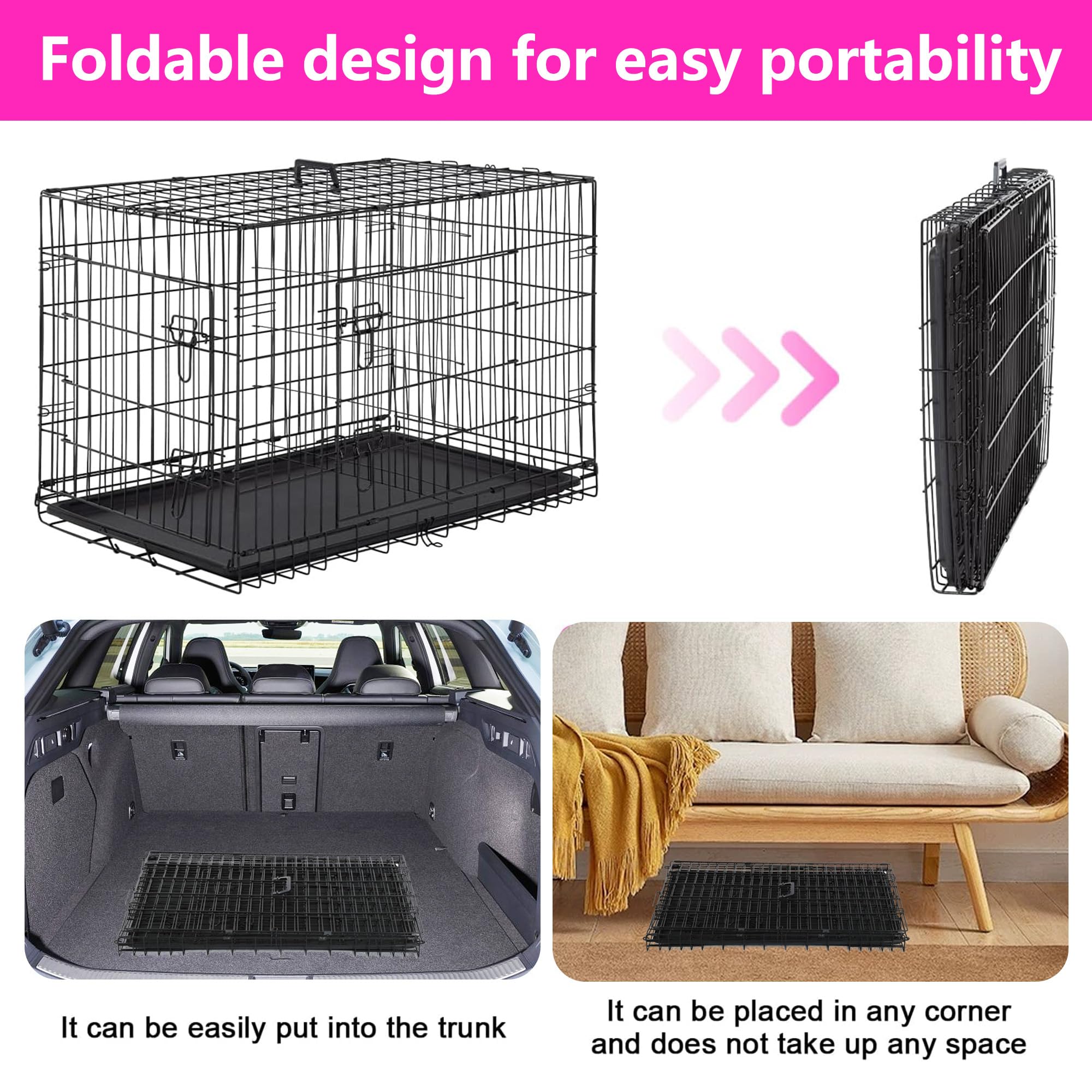 FDW Dog Crate for Large Dogs, 48 Inch Folding Metal Wire Cage, Double Door, Black, with Divider Panel and Leak-Proof Tray