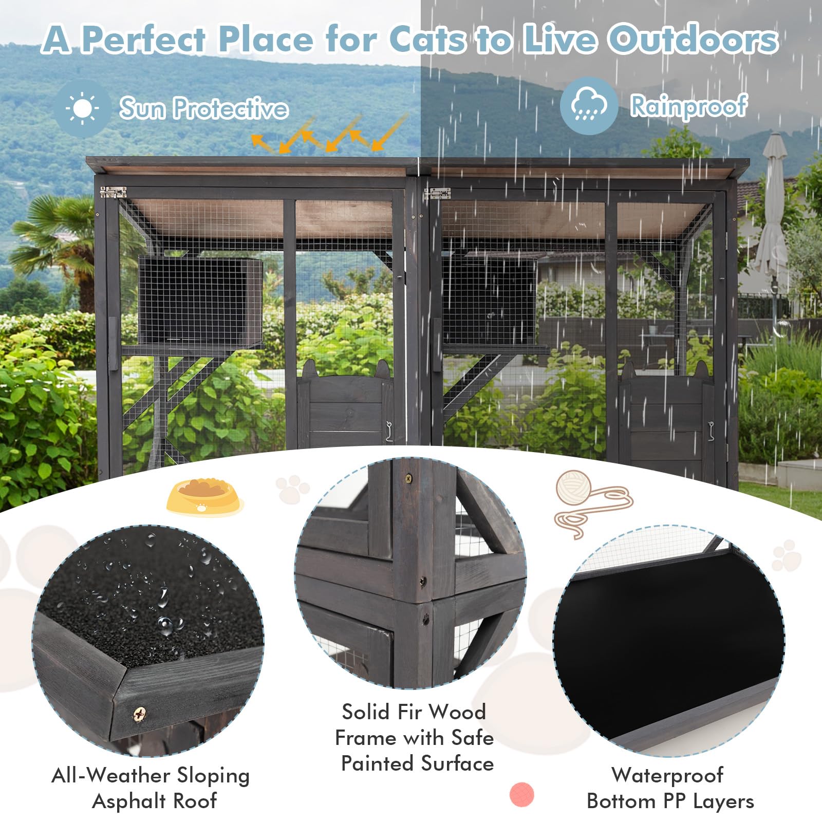 Tangkula Catio Outdoor Cat Enclosure Large, 71 Inch Outdoor Cat House Weatherproof With Asphalt Roof, Wooden Cat Cage Playpen With 7 Jumping Platforms & 2 Resting Boxes, Walk-In Cat Kennel Condo
