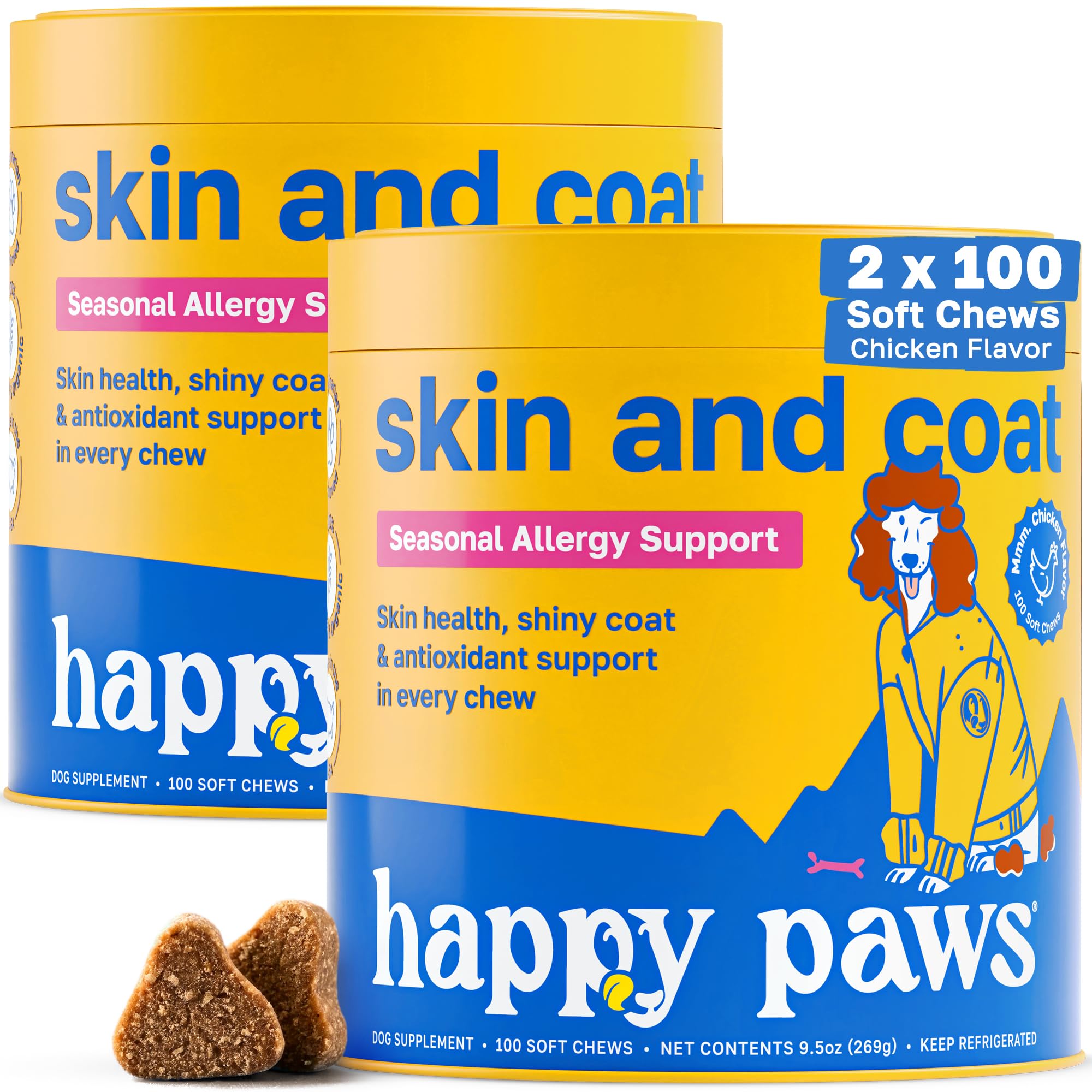 Happy Paws Skin and Coat Supplement for Dogs, Soft Chews with Biotin, Coconut Oil, Vitamins B & E, Organic Coral Calcium, P-18 P