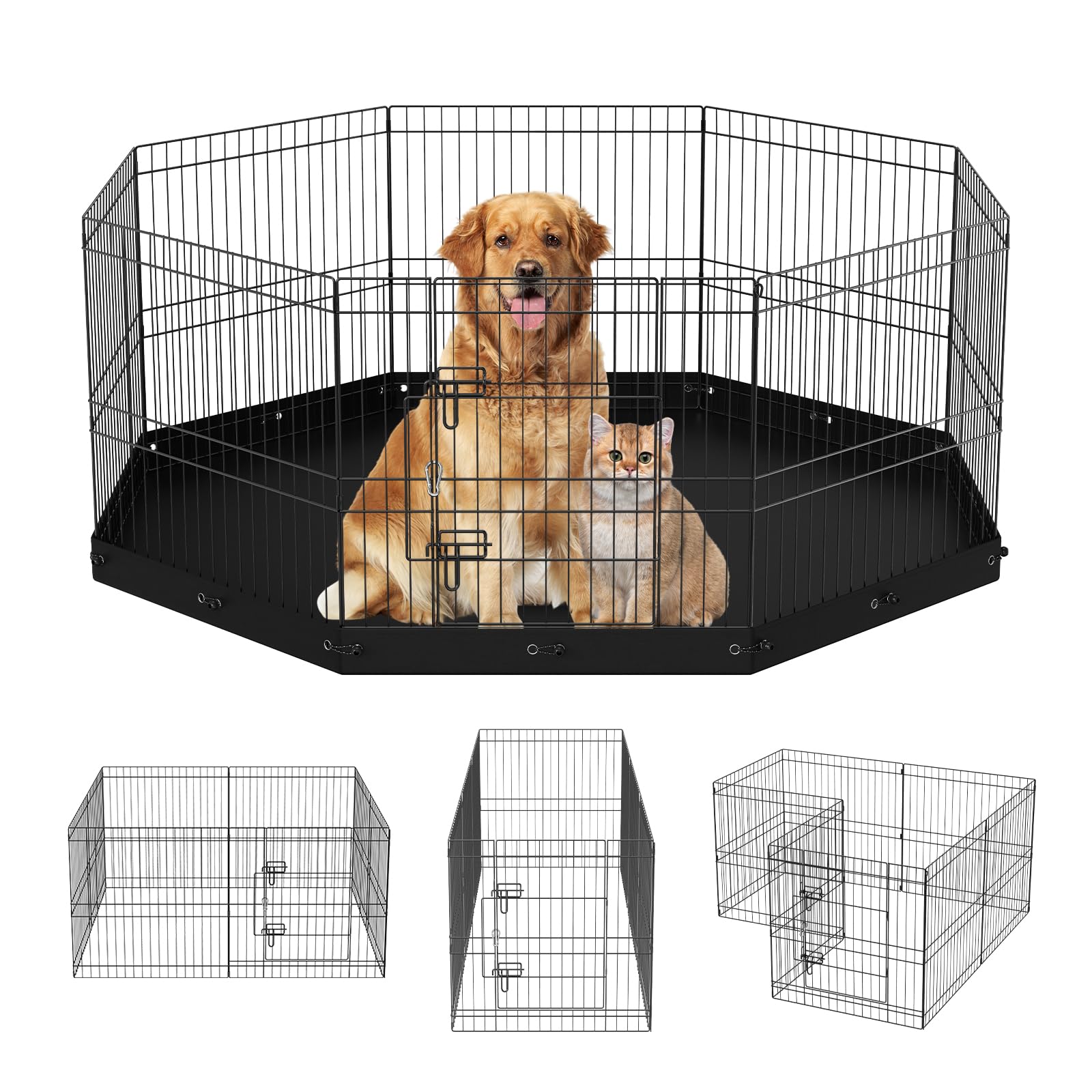 VEVOR Foldable Metal Dog Exercise Pen, Pet Playpen Dog Fence for Camping with Bottom Pad, 24 H 8 Panels, Puppy Crate Kennel Indo