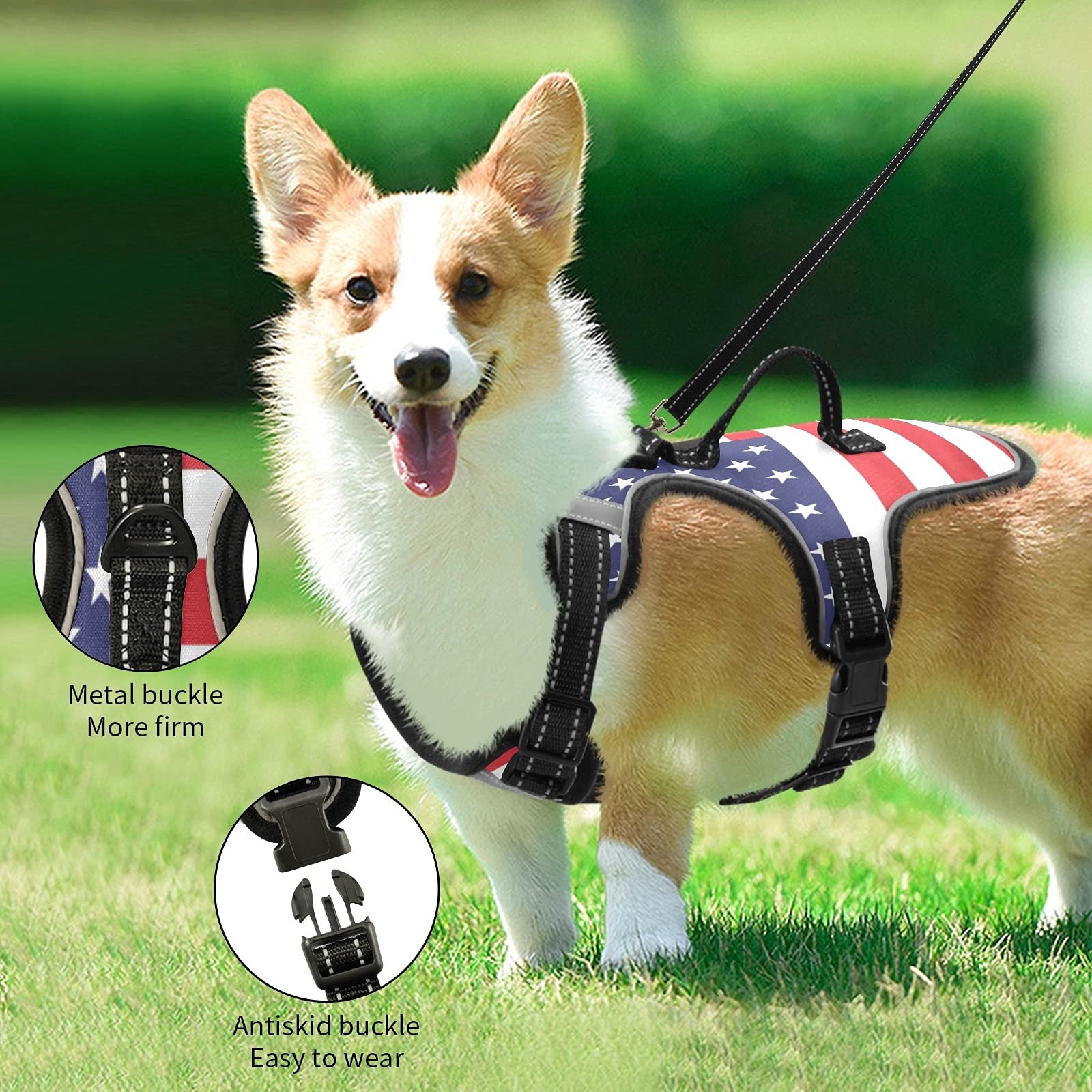 Staytop American Flag Dog/Cat Harness,Adjustable Soft Padded Pet Dog Vest-Reflective No-Choke Pet Harness Easy Control Front Cli