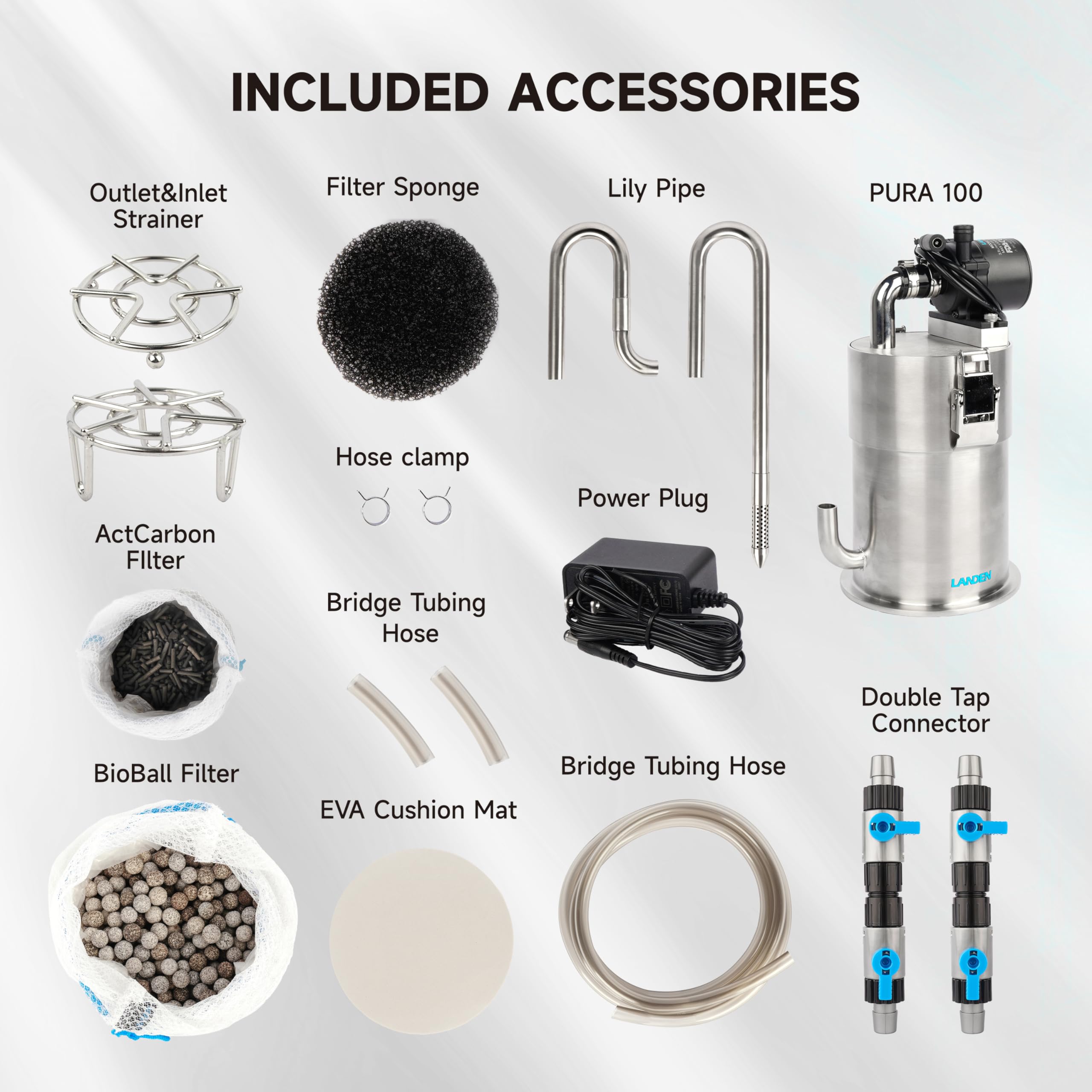 LANDEN PURA 100 Compact External Canister Filter for Aquarium System, Suitable for 10-28 Gallon Tanks, Stainless Steel Tank Cani